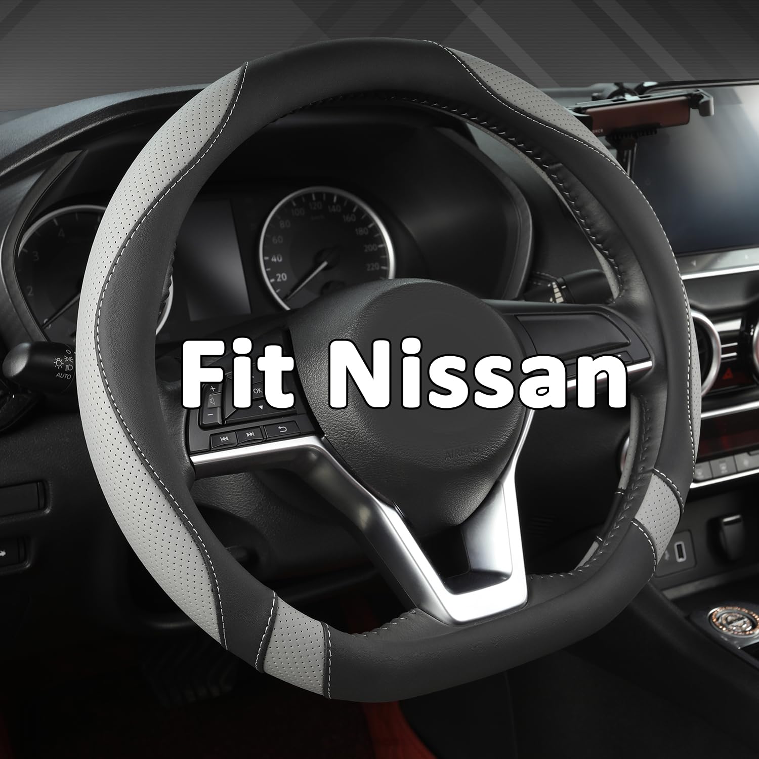West Llama flat bottom cover on Nissan wheel enhances grip and style.