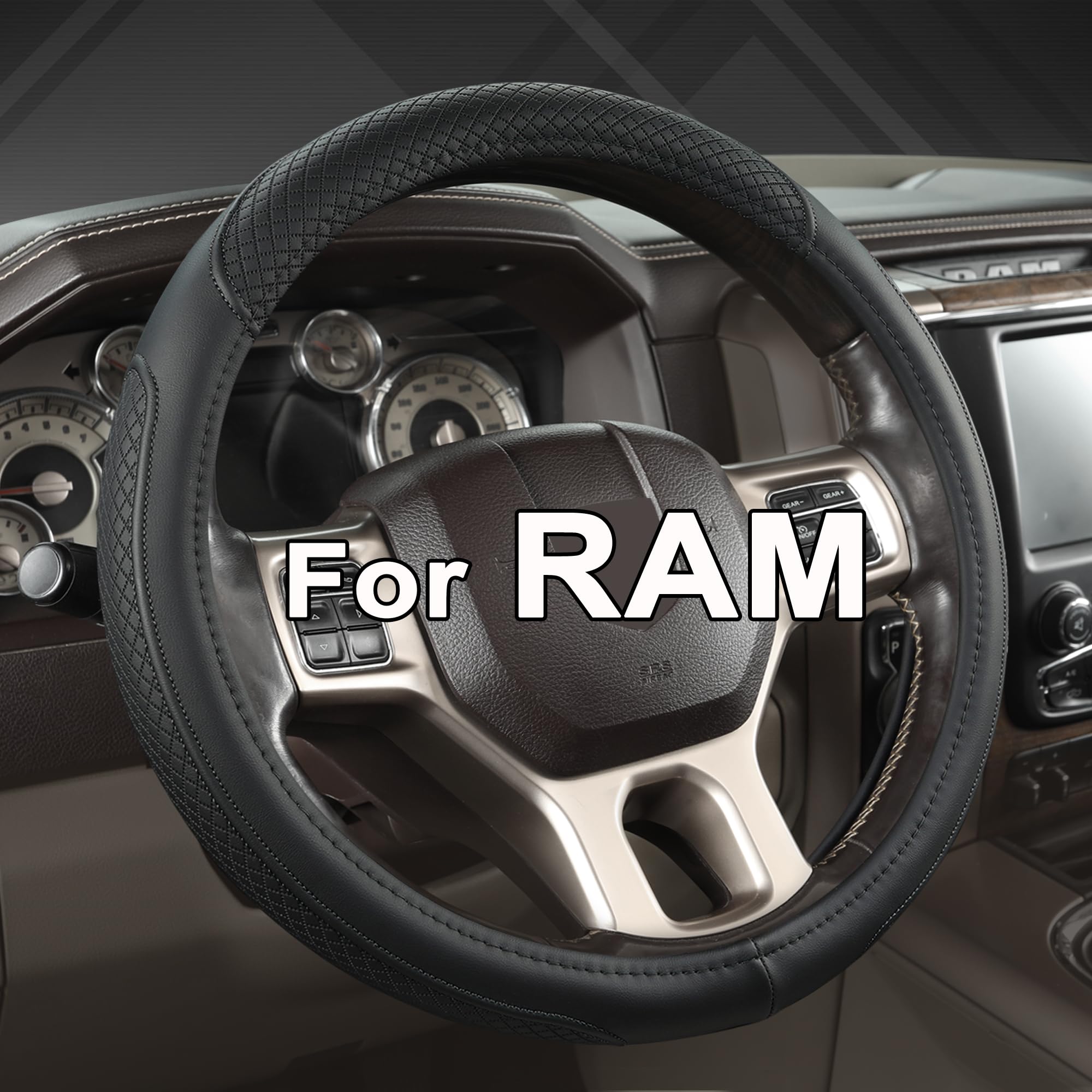 West Llama steering wheel cover front view for Ram shows customized fit