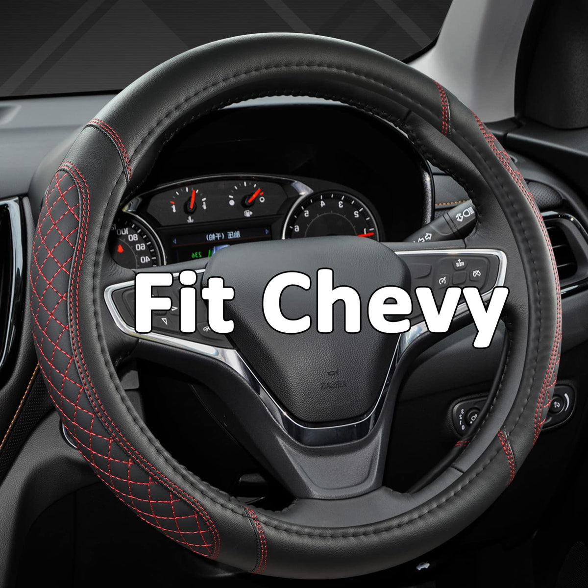 West Llama steering wheel cover in black-red diamond quilted finish for Chevy, enhances grip