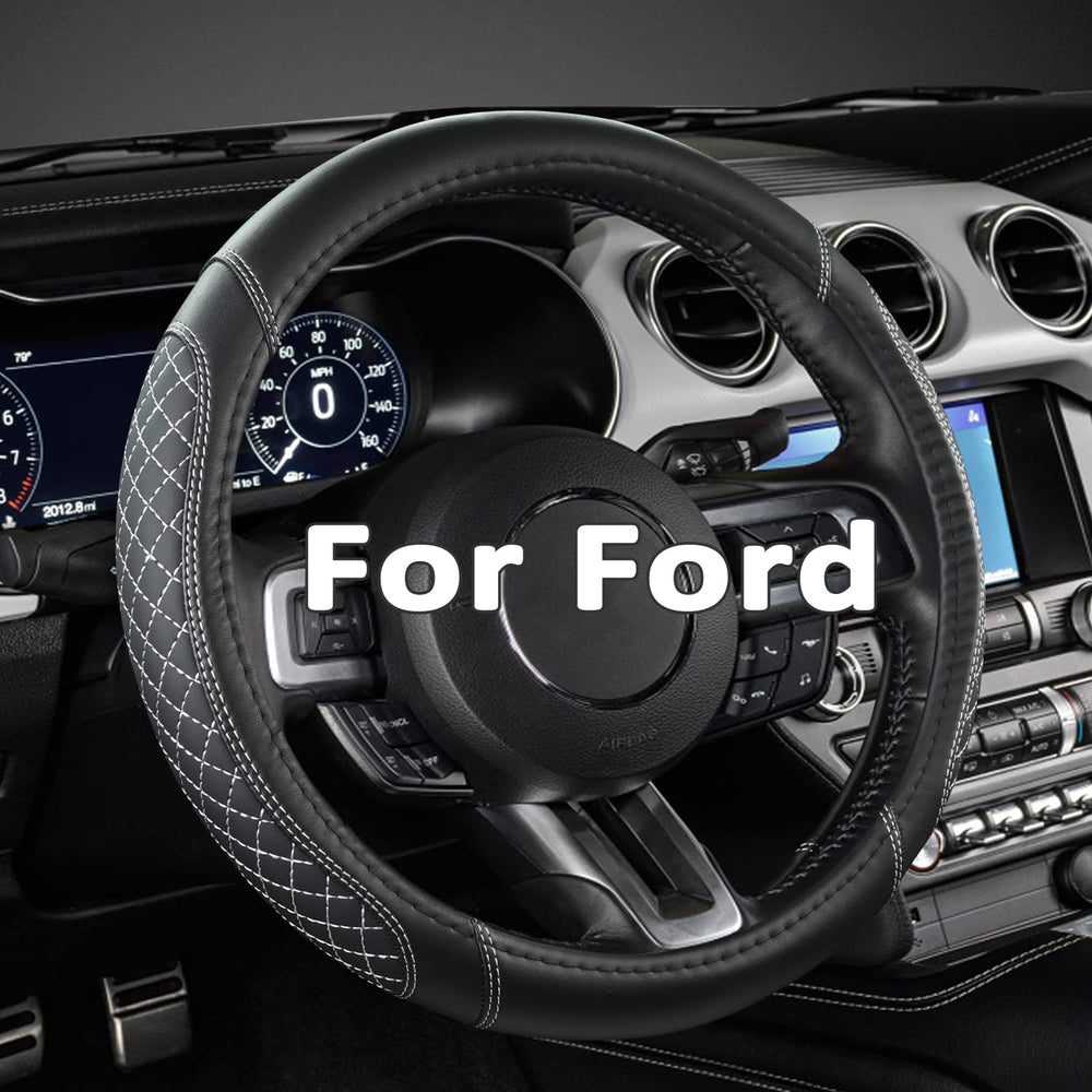 West Llama Diamond Quilted steering wheel cover on Ford front view with grip