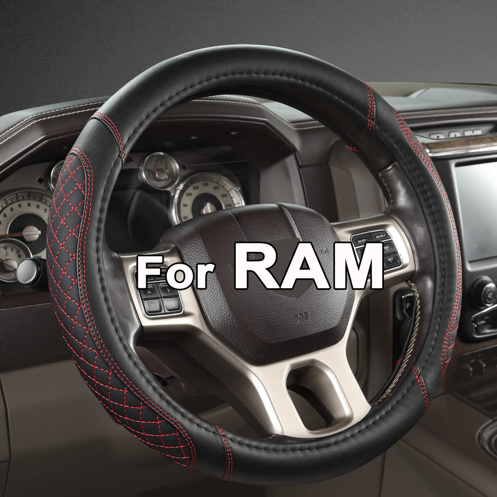 West Llama Dodge Ram 16inch diamond-quilted steering cover in black and red for stylish protection.