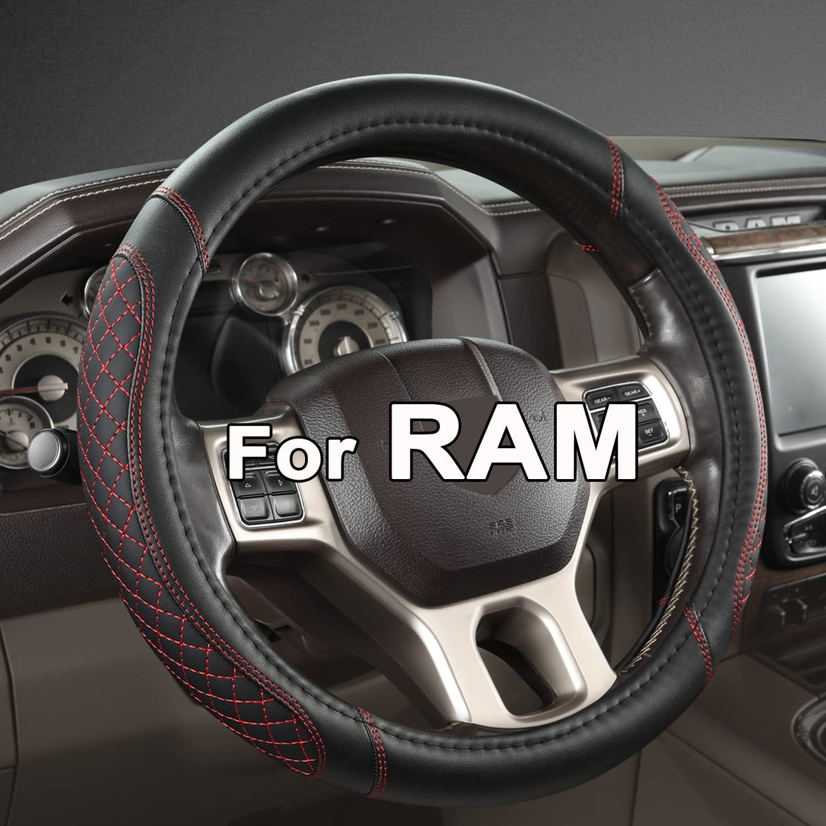 West Llama Dodge Ram 16inch diamond-quilted steering cover in black and red for stylish protection.