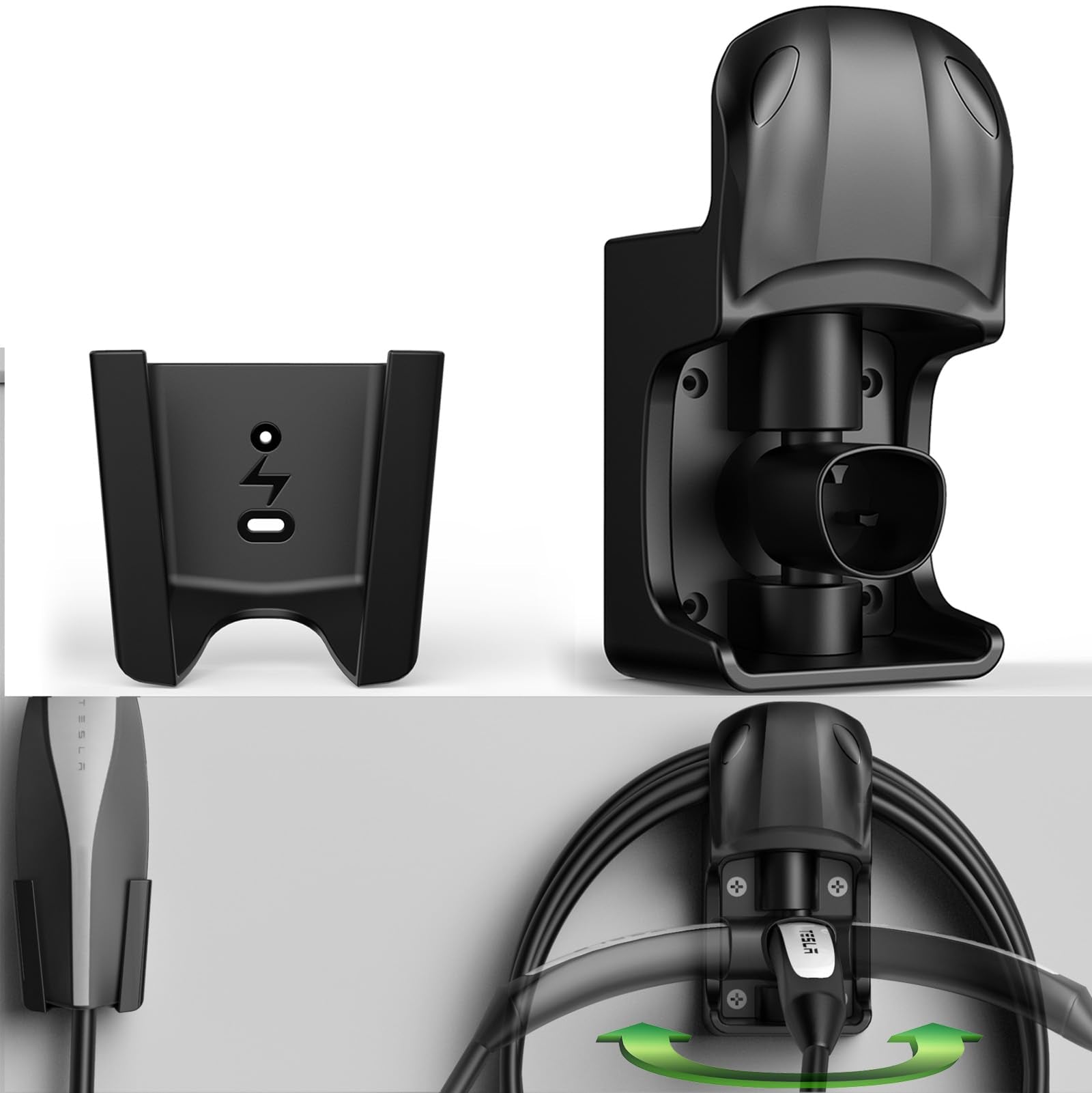 Westsaim Tesla charger holder mounted on wall with swivel base for organized charging.
