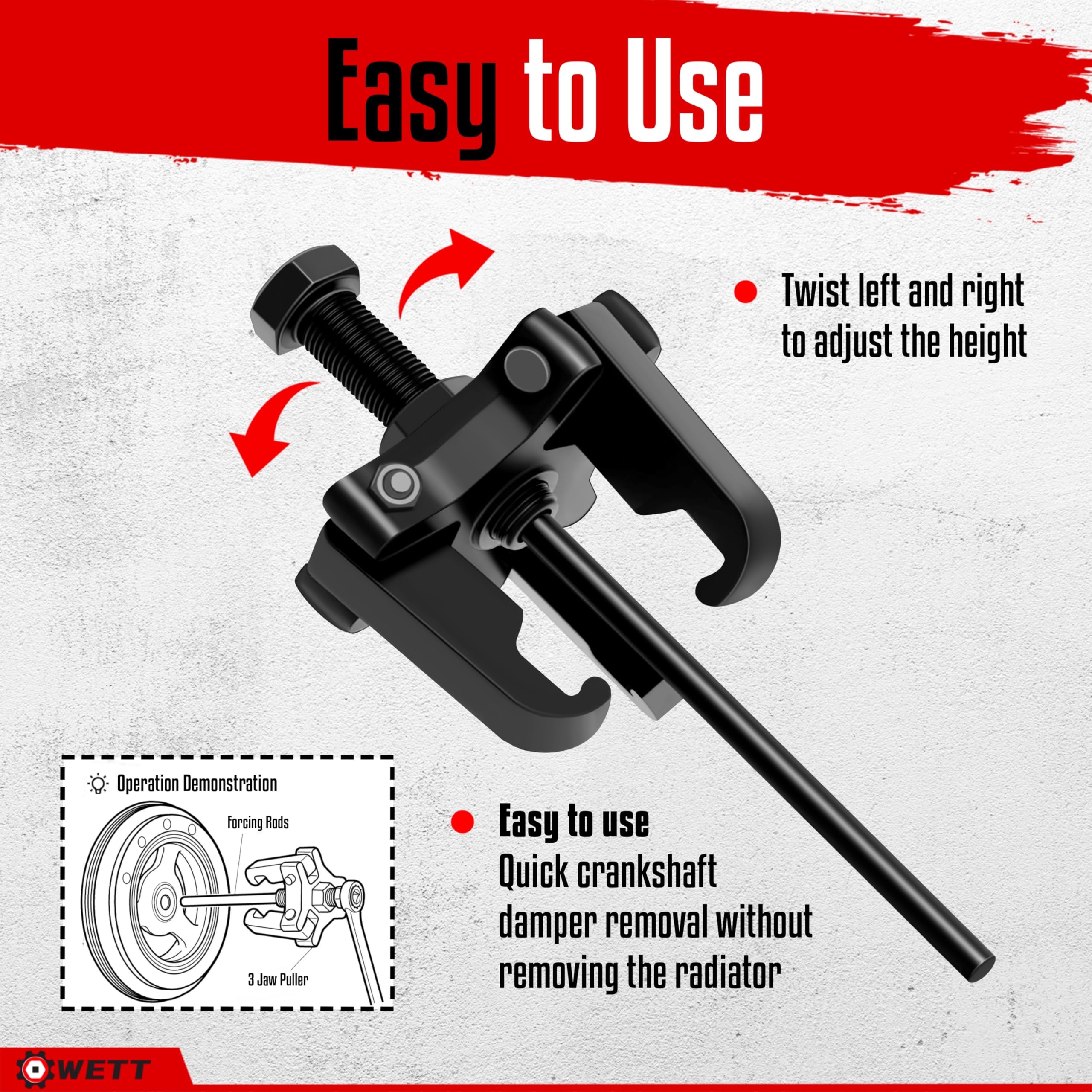 WETT Harmonic Balancer Puller 5-2-5in rod improves leverage in tight spaces