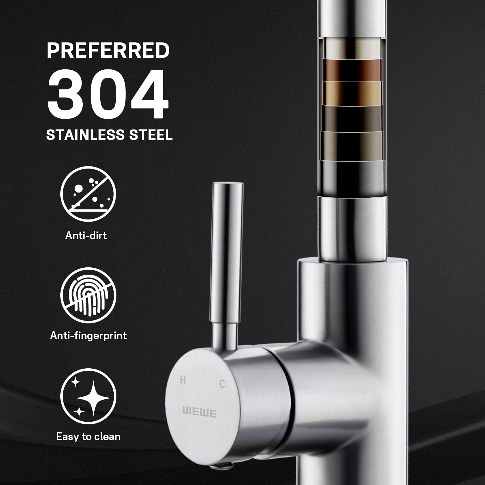 WEWE 360-degree swivel spout offers full sink reach from any angle.