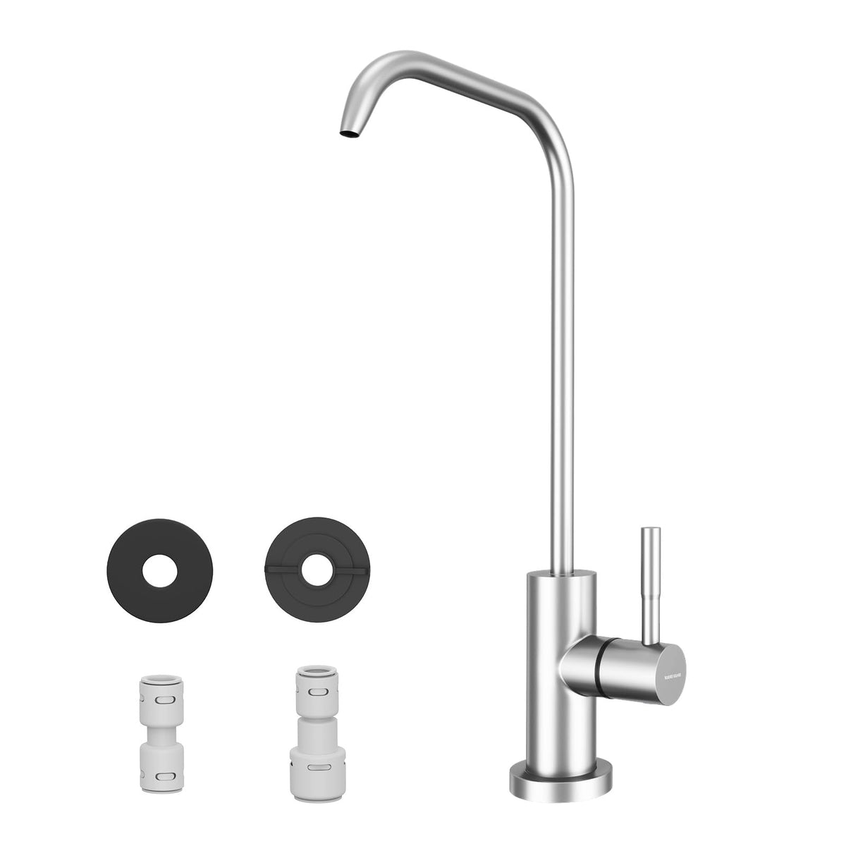 WEWE brushed nickel faucet with 360° swivel spout for flexible kitchen use.