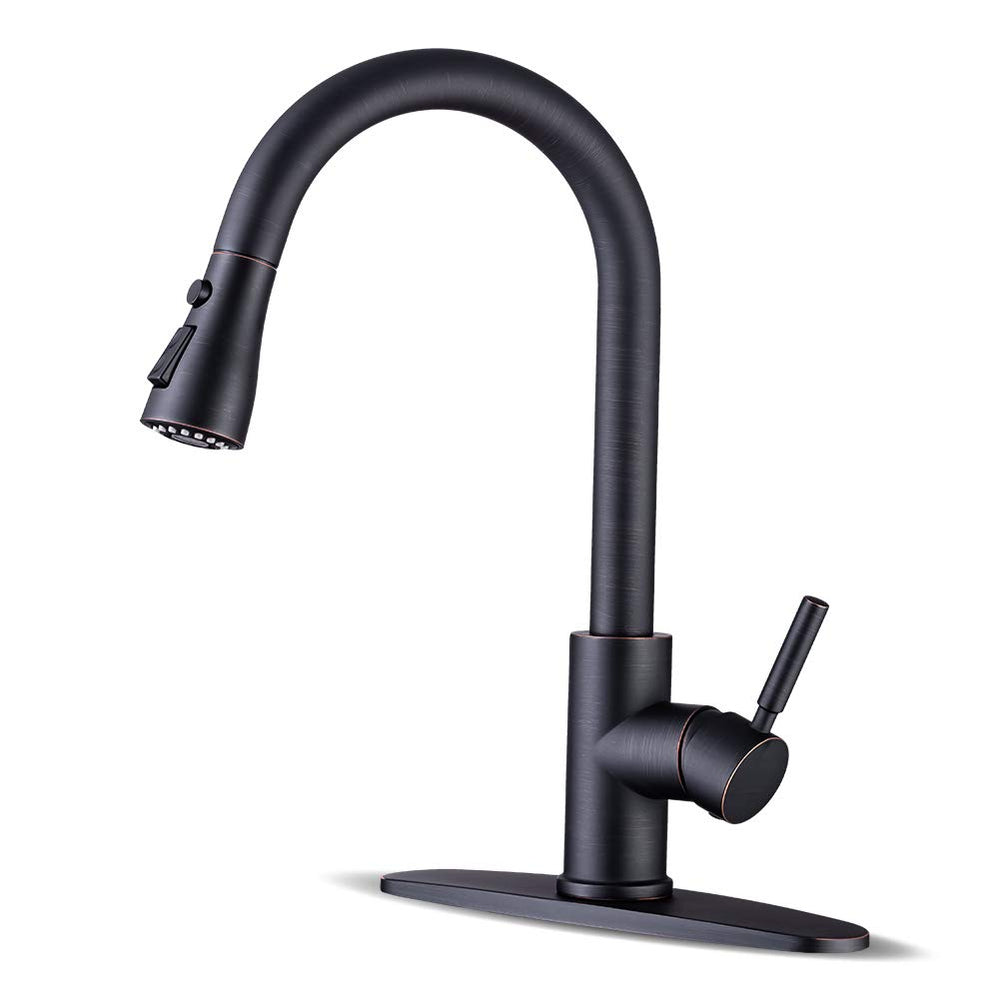 WEWE kitchen faucet with pull-down sprayer in oil rubbed bronze finish for durable style.