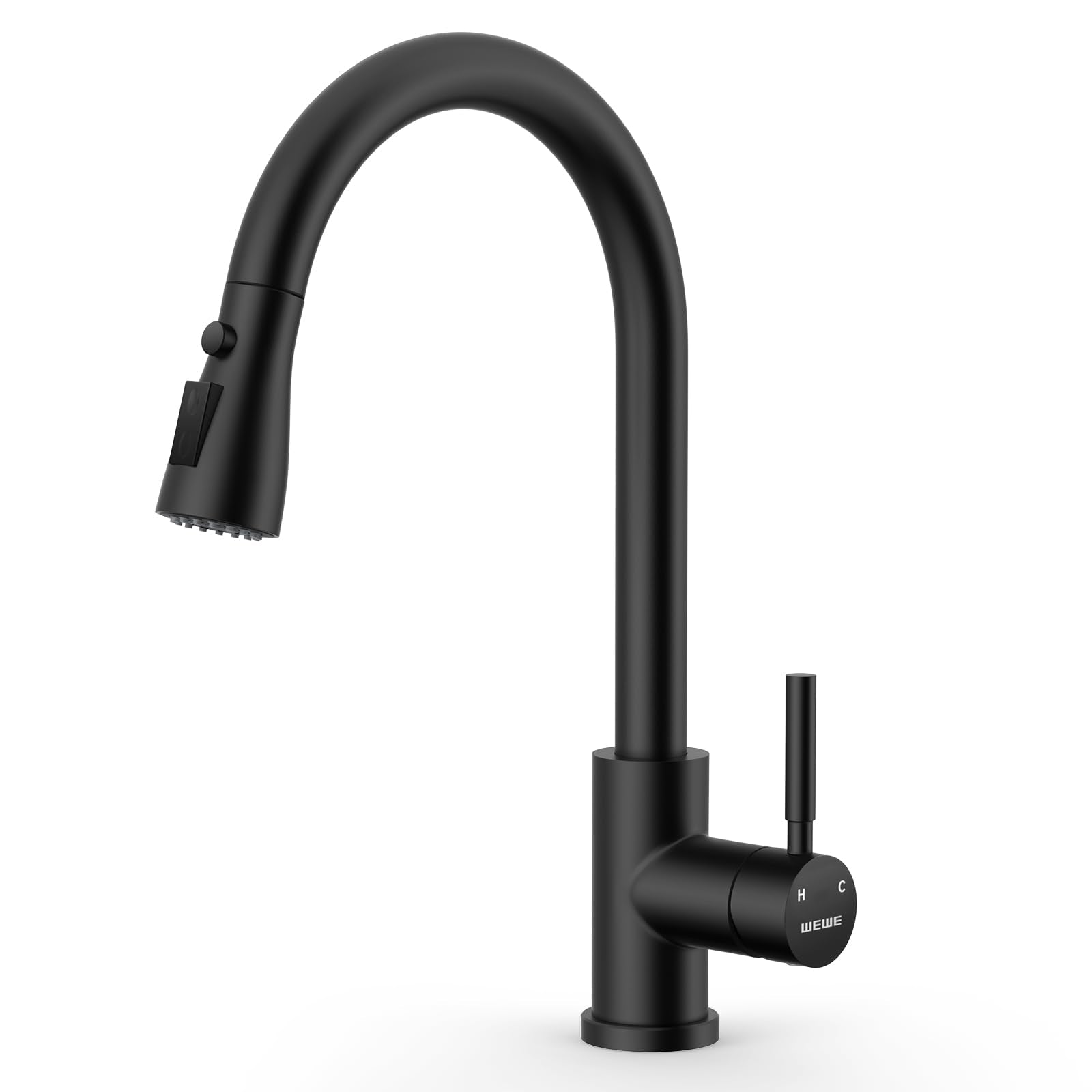 WEWE pull-down stainless faucet showing extended reach for rinsing