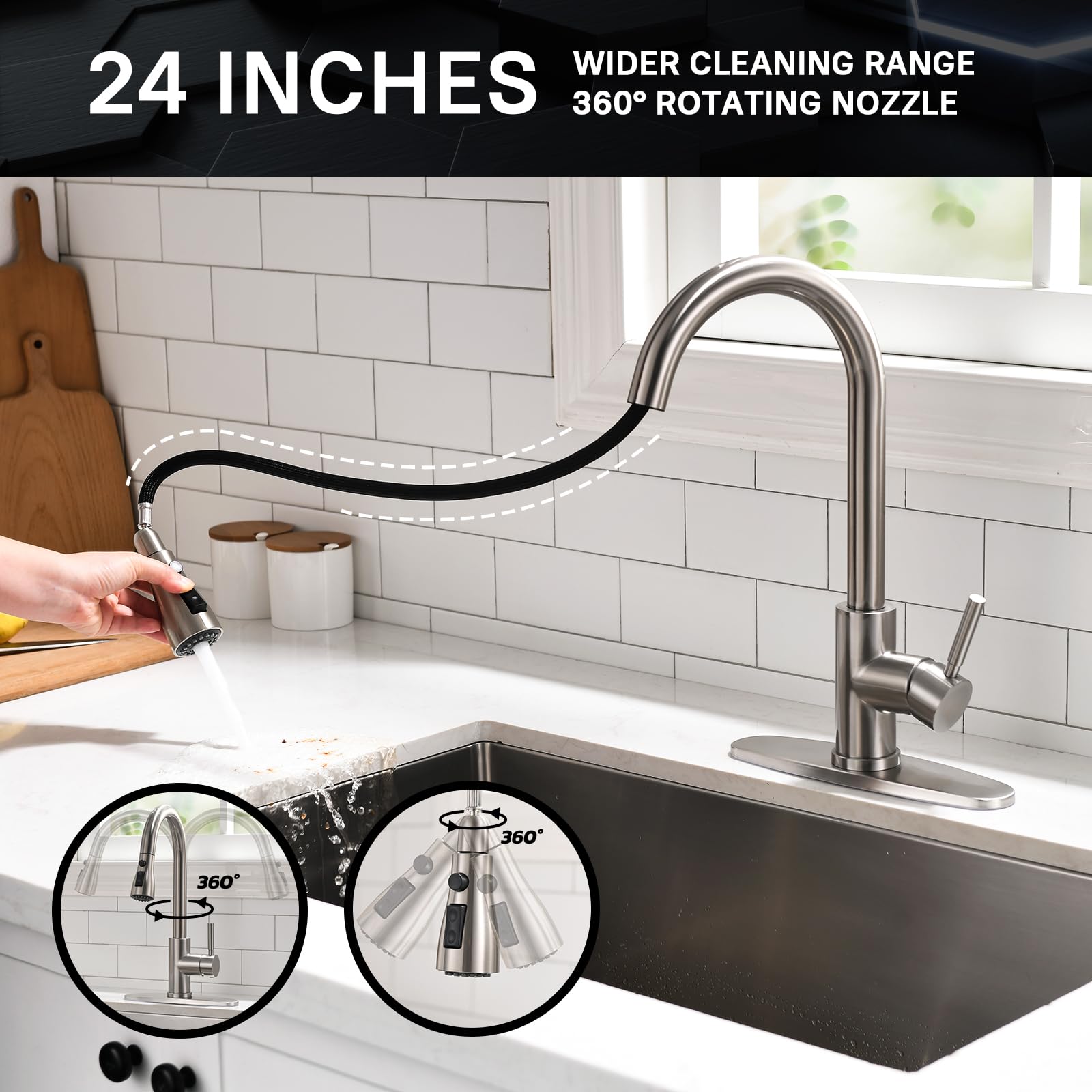 WEWE 360-degree swivel spout provides full sink reach.