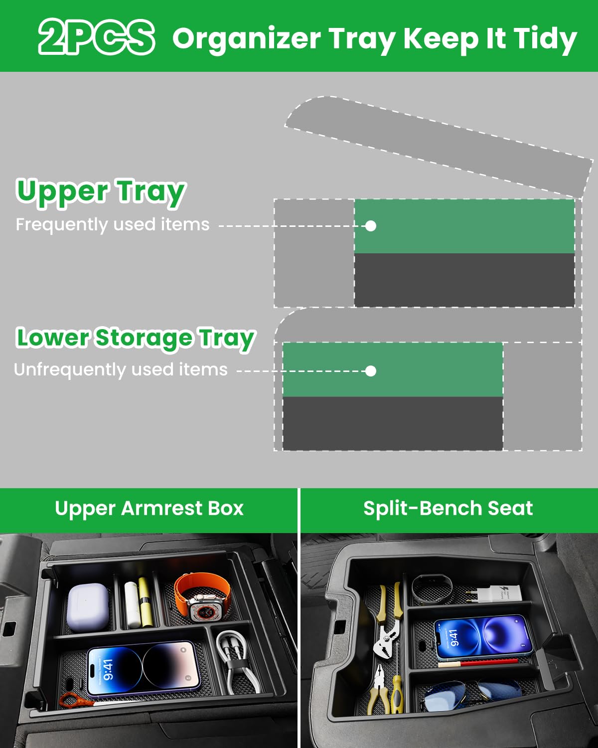 The Wexyldra tray set fits Chevy Silverado and GMC Sierra split-bench models.