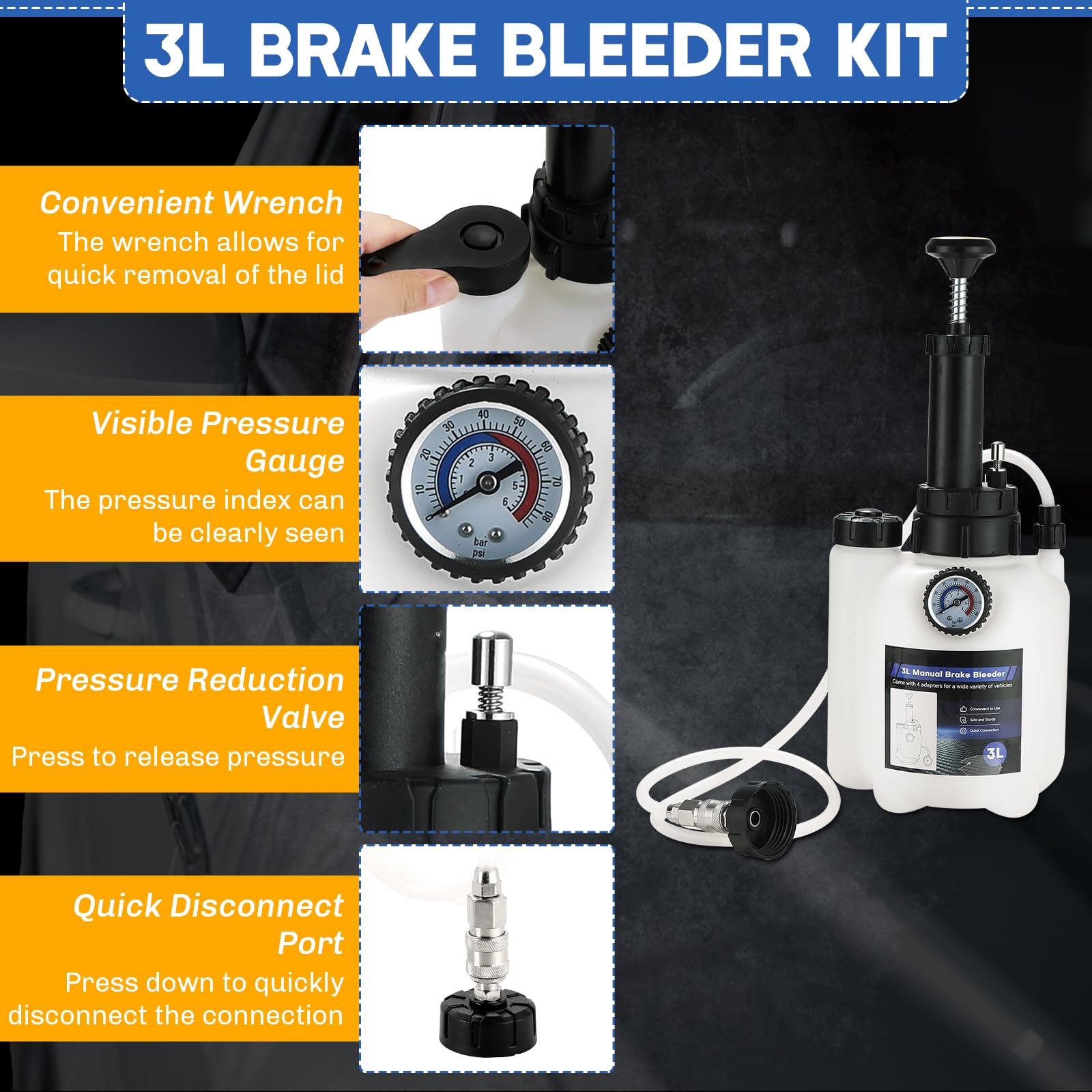 Weyleity brake bleeder gauge closeup with real-time pressure monitoring for safe bleeding.