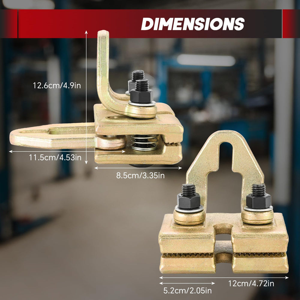 Weyleity clamp demonstrating dual pulling power for straight and angled pulls on frames.