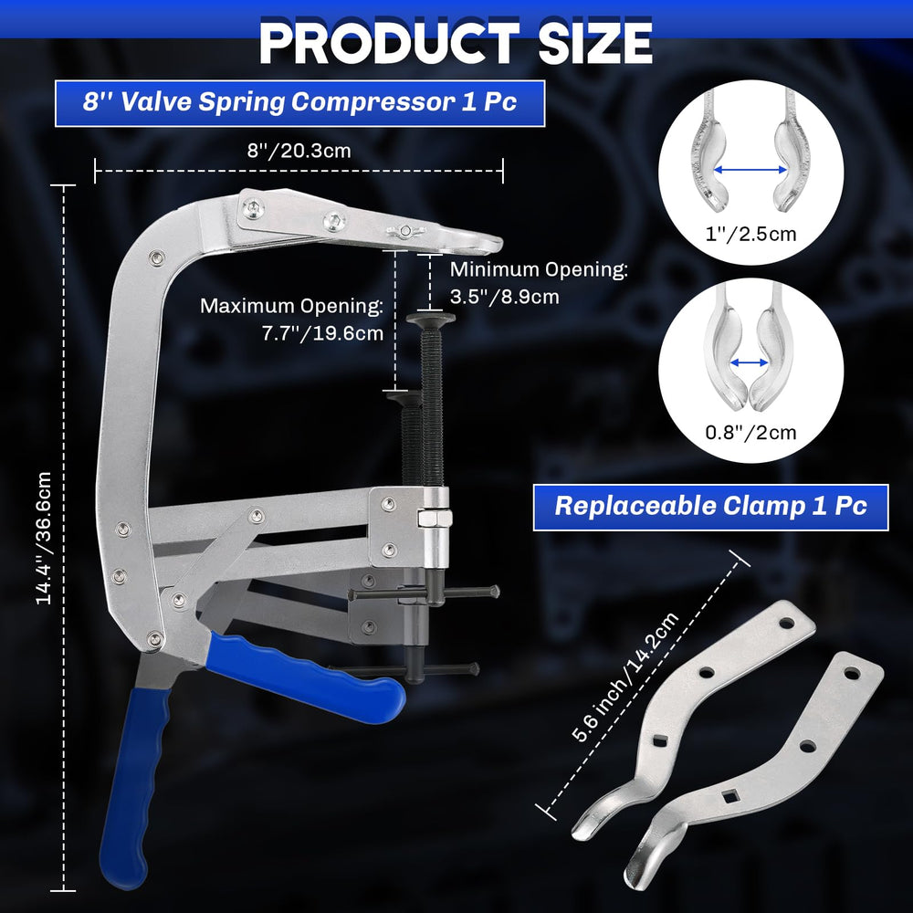 Weyleity valve spring compressor tool close-up showing extendable jaw and rugged build.