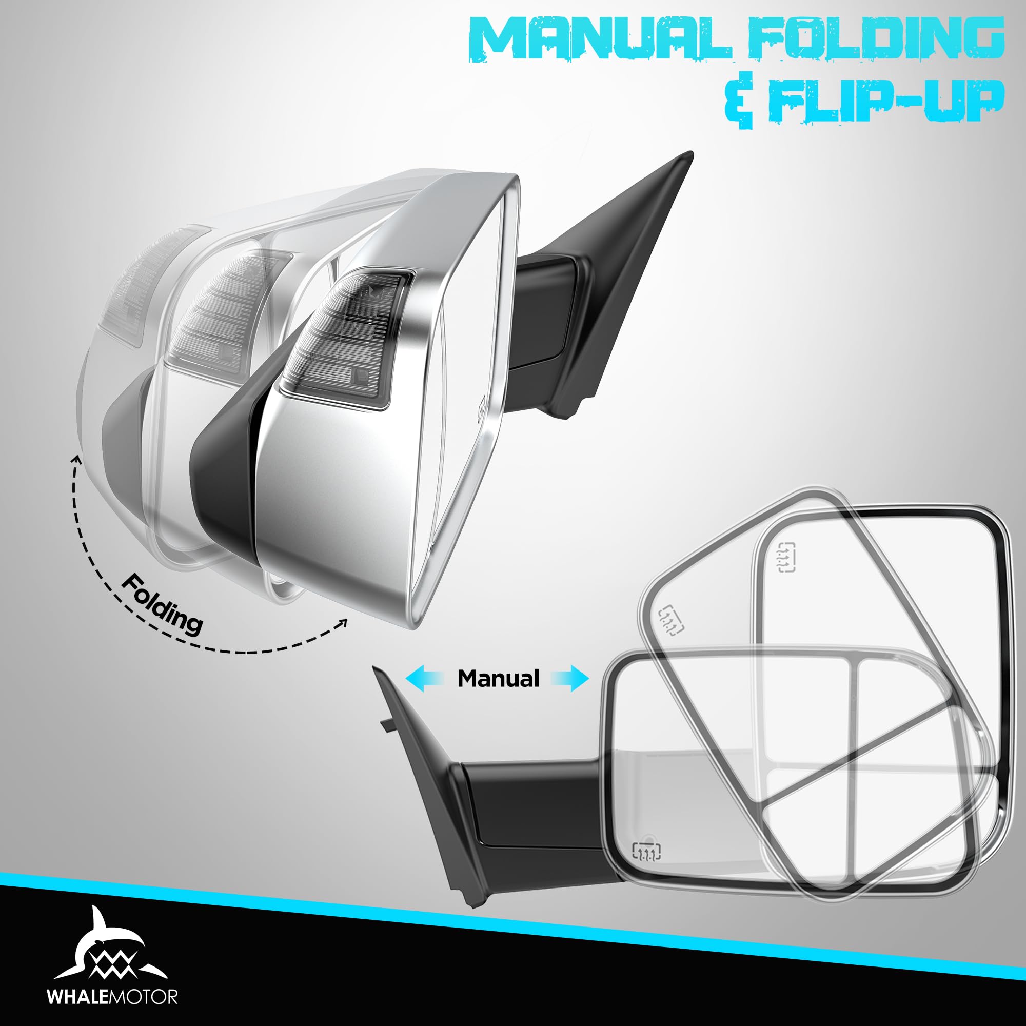WHALEMOTOR chrome housing tow mirrors provide a polished Ram look