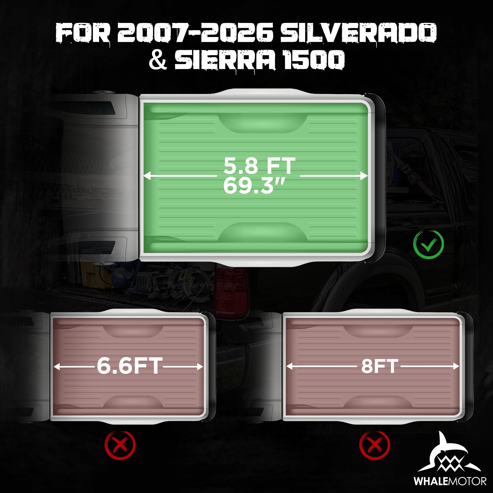 WHALEMOTOR fitment for 2007–2026 Silverado and Sierra 5.8 ft bed