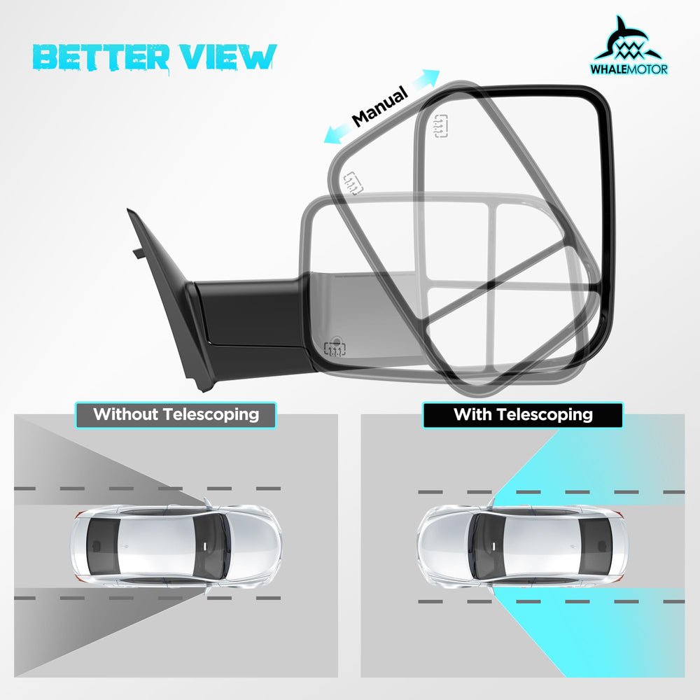 WHALEMOTOR flip-up tow mirrors extend for towing, then tuck away