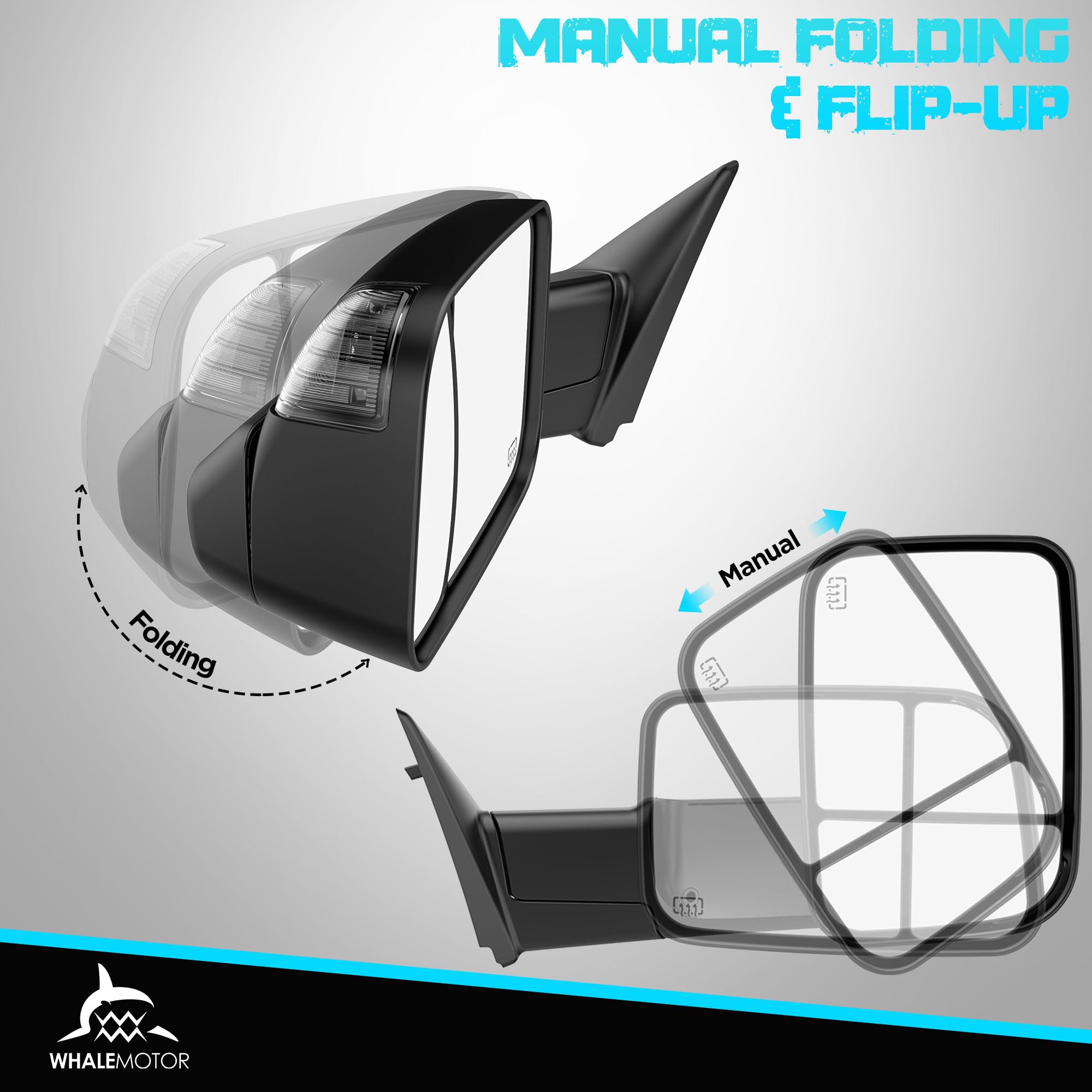 WHALEMOTOR flip-up tow mirror extended for better trailer visibility