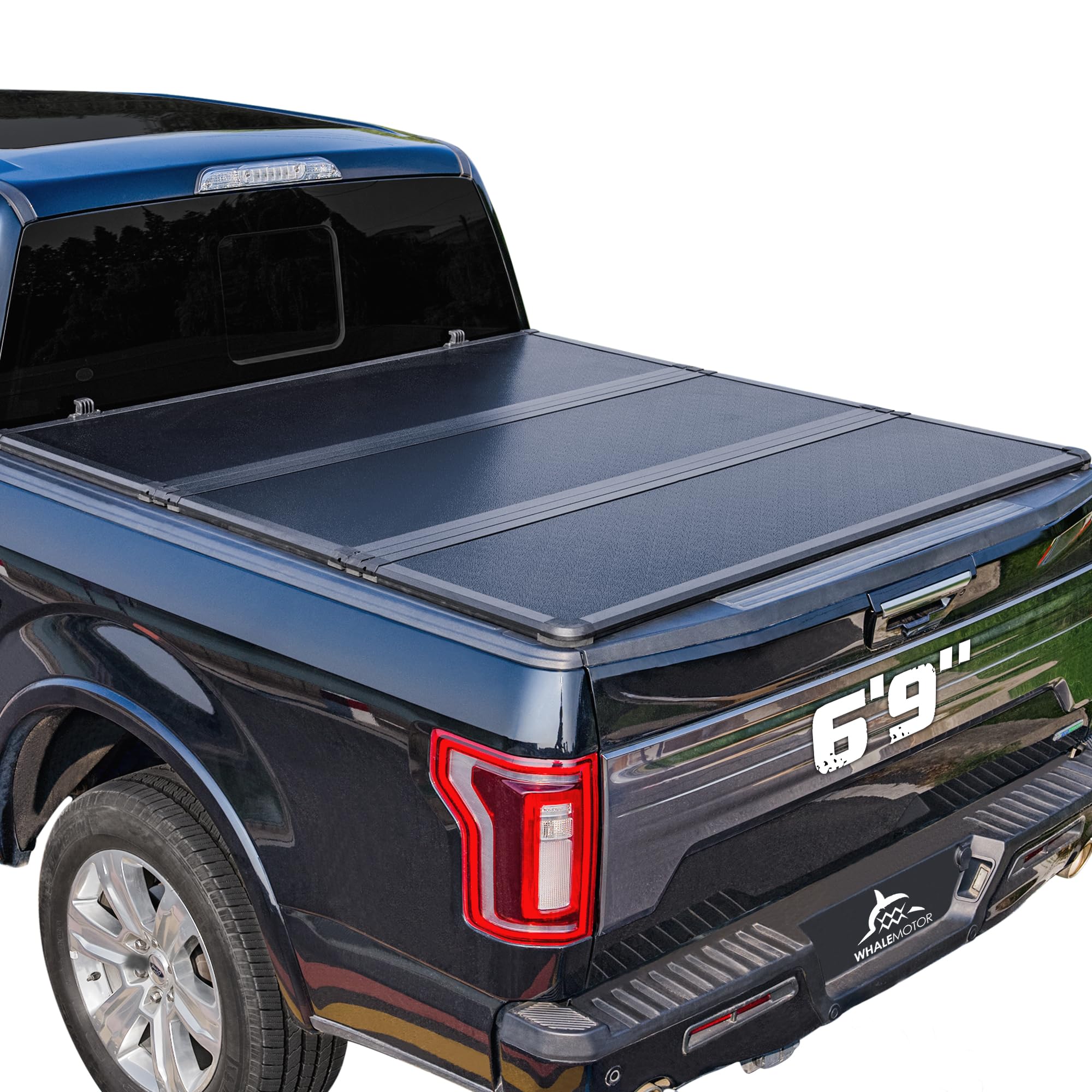 WHALEMOTOR hard folding tonneau cover on Ford Super Duty securely protects cargo.
