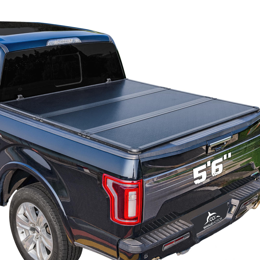 WHALEMOTOR hard folding tonneau on Ford F-150 short bed enhances cargo security and weather protection.