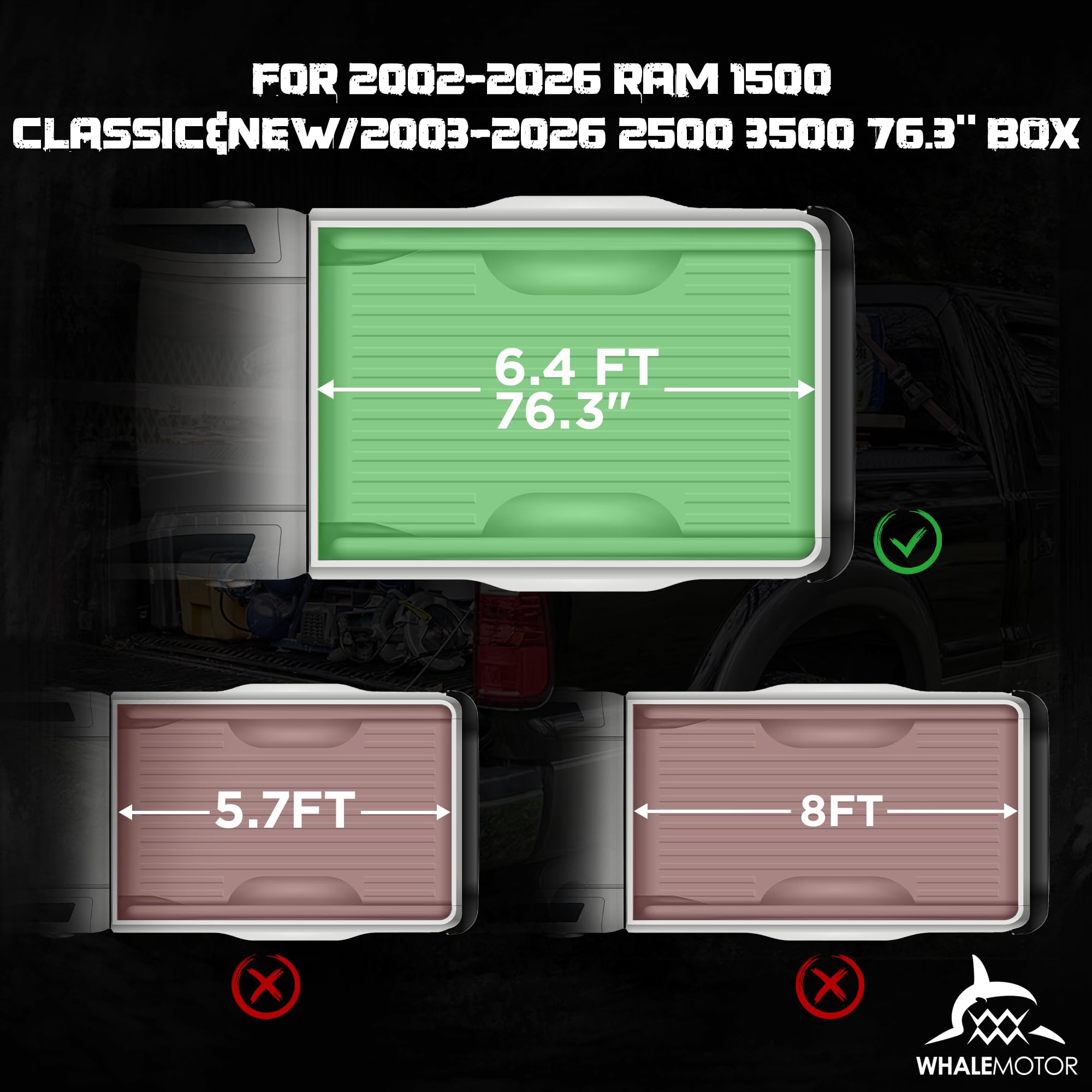 WHALEMOTOR tonneau on Ram 1500 classic/new provides durable bed coverage.