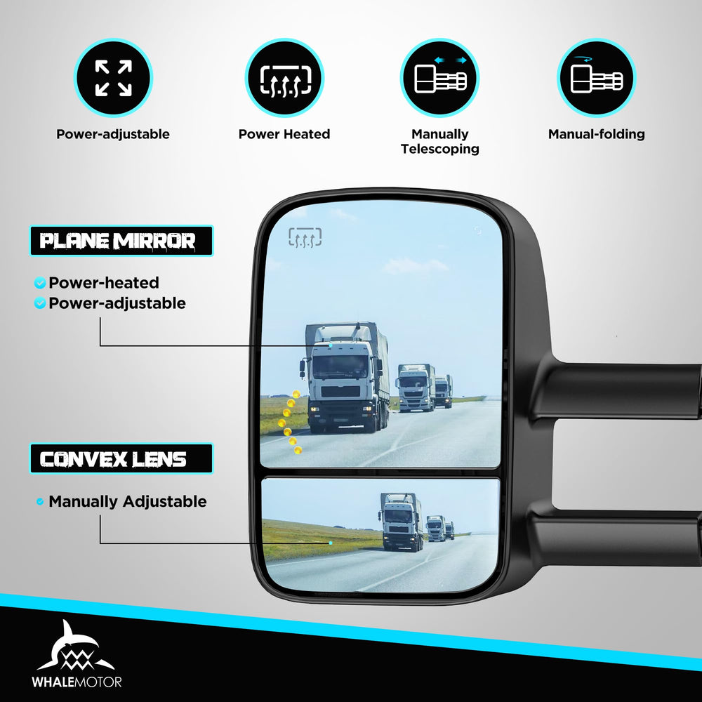 WHALEMOTOR heated tow mirror extendable arm improves trailer sightlines.