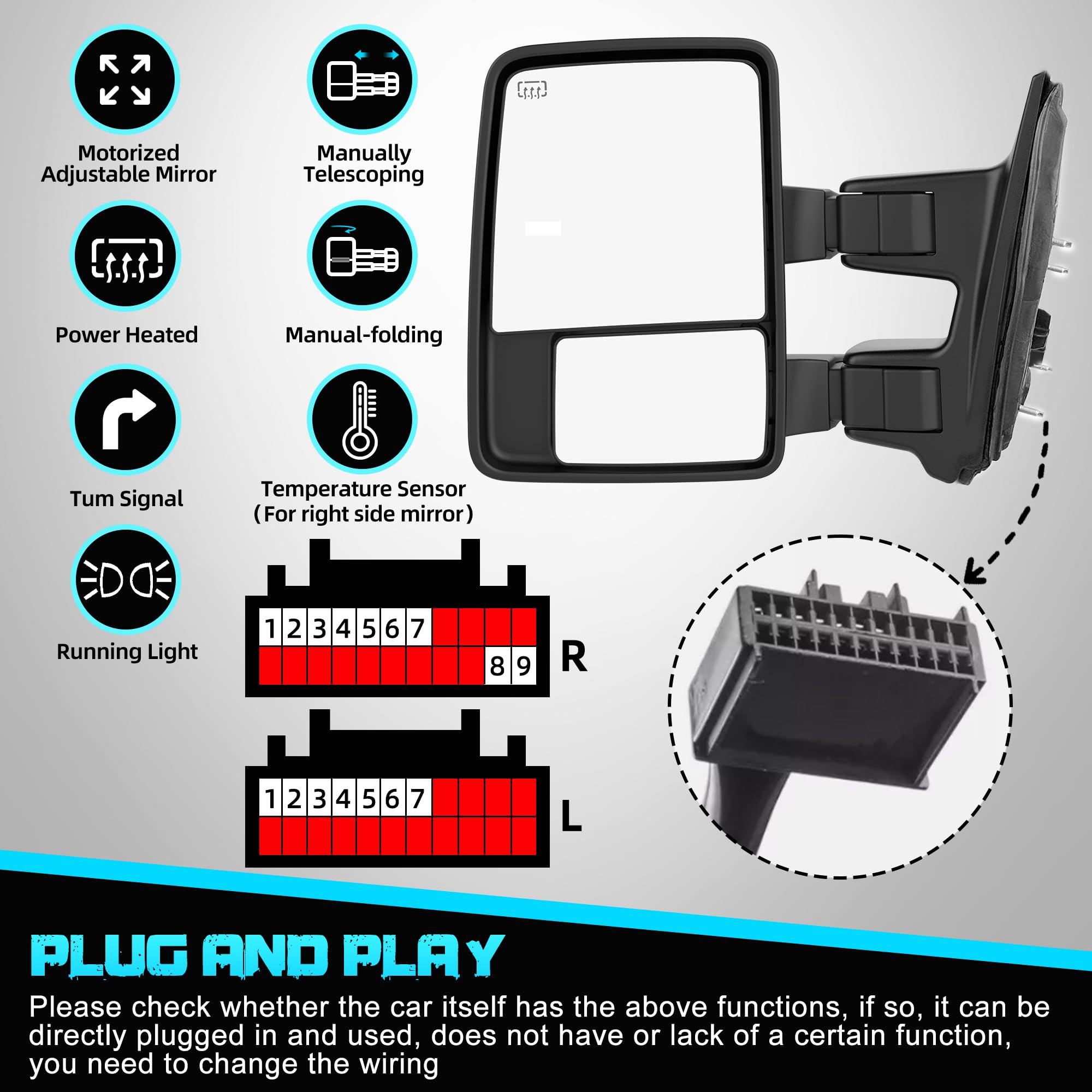 WHALEMOTOR smoked heated tow mirrors side extended arm shows adjustable reach for trailer sightlines