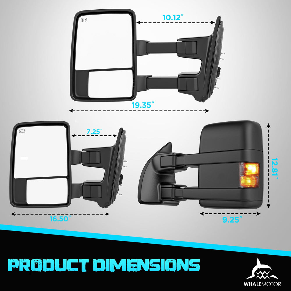 WHALEMOTOR smoked heated tow mirrors installed on Ford Super Duty for highway towing