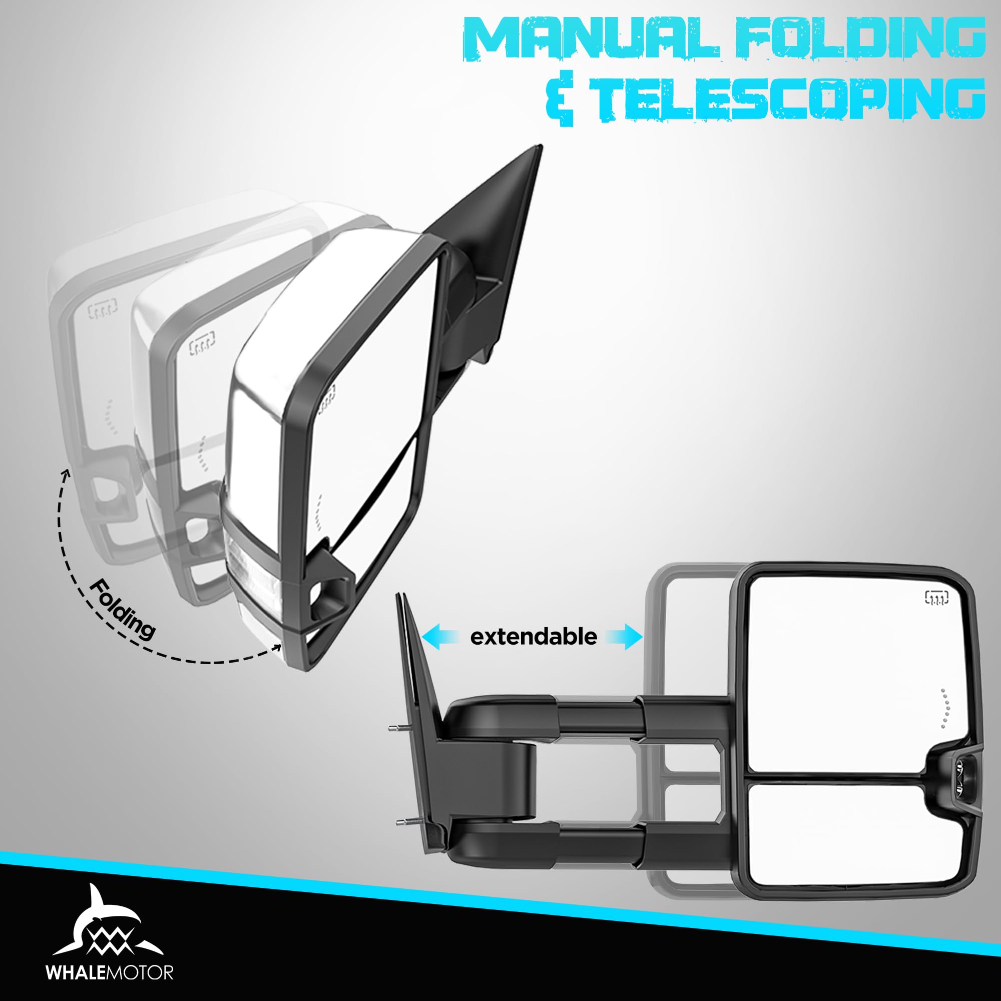 WHALEMOTOR smoked power heated tow mirror towing safety during night driving