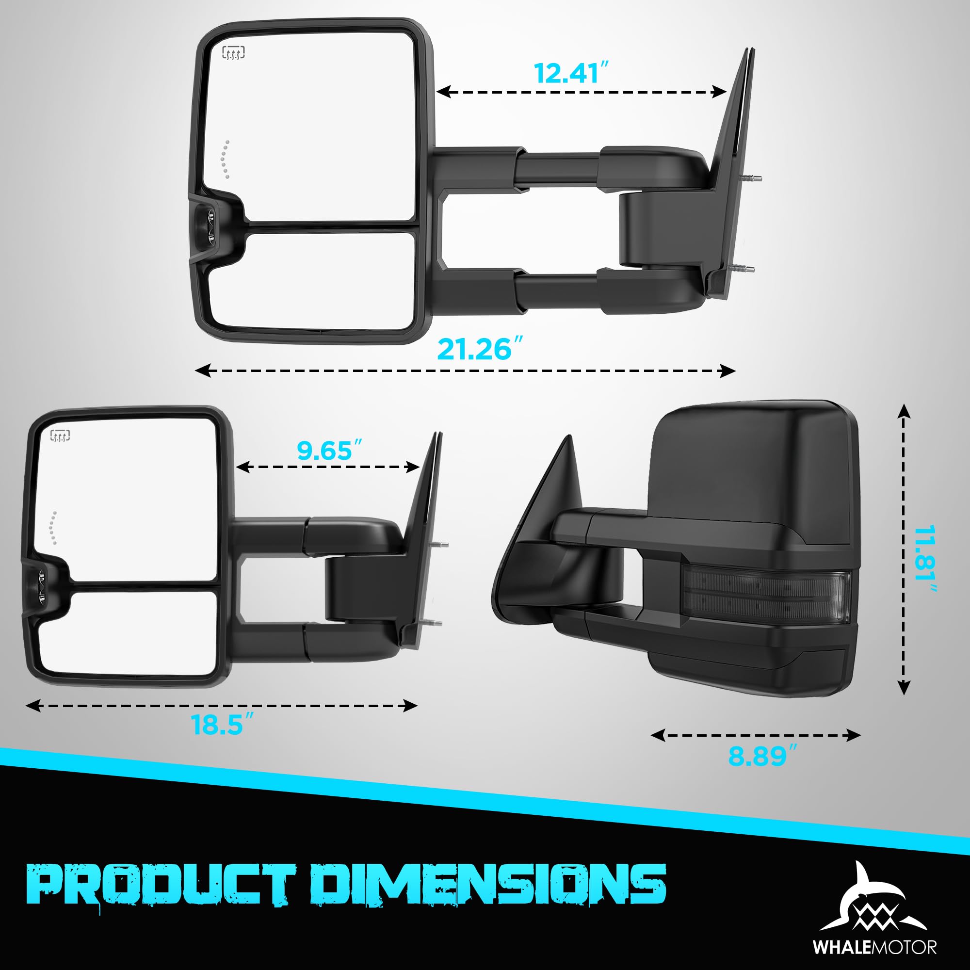 WHALEMOTOR smoked power heated tow mirrors with backup light for better reversing visibility.