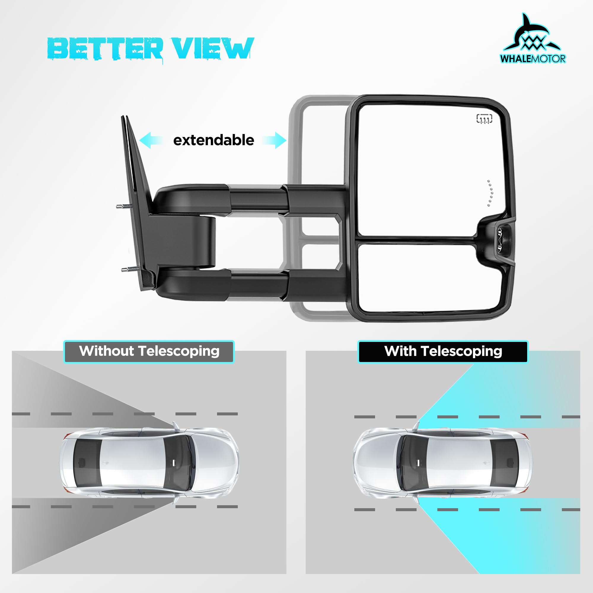 WHALEMOTOR smoked power heated tow mirrors with extendable arms for trailer clearance.