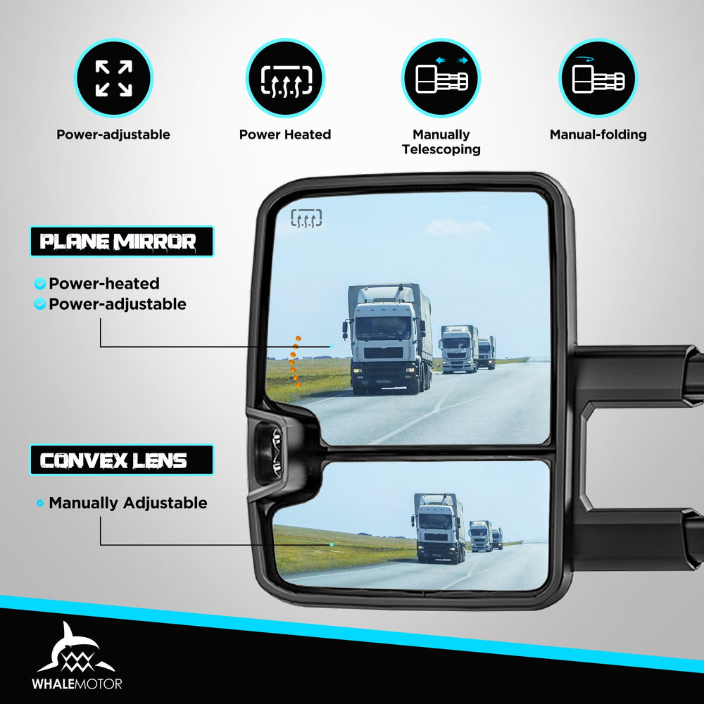 WHALEMOTOR smoked power heated tow mirrors with wide-angle view to capture traffic around the trailer.