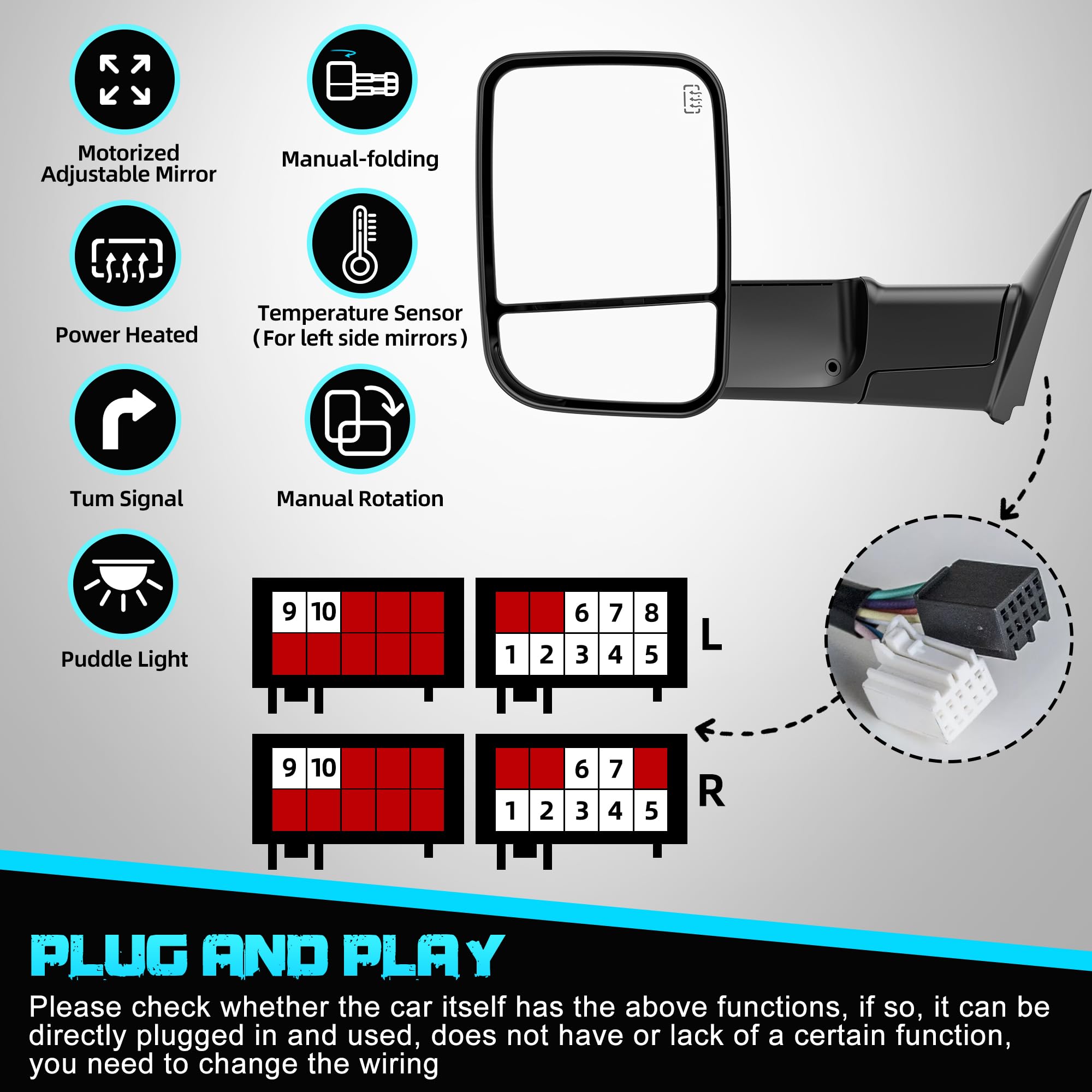 WHALEMOTOR smoked power tow mirrors fit Ram 2500/3500 with glare reduction on bright days