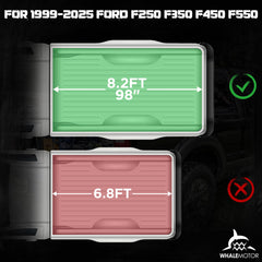 WHALEMOTOR tonneau cover in place on Ford F-250 8.2ft bed; rear view.