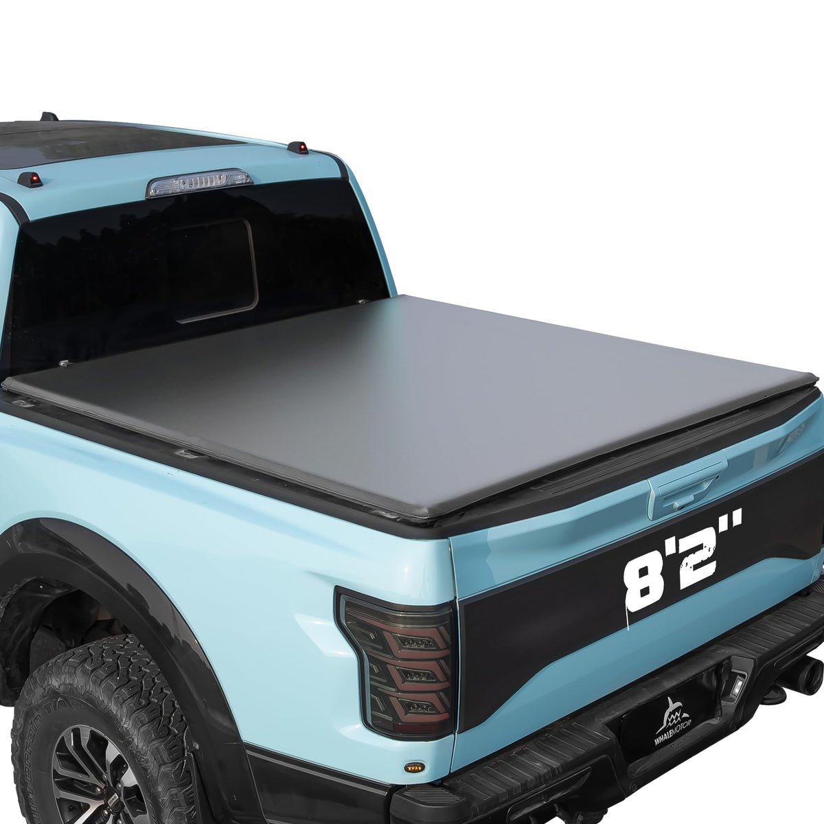 WHALEMOTOR soft roll-up tonneau cover on Ford F-250 8.2ft bed; quick access and protection.