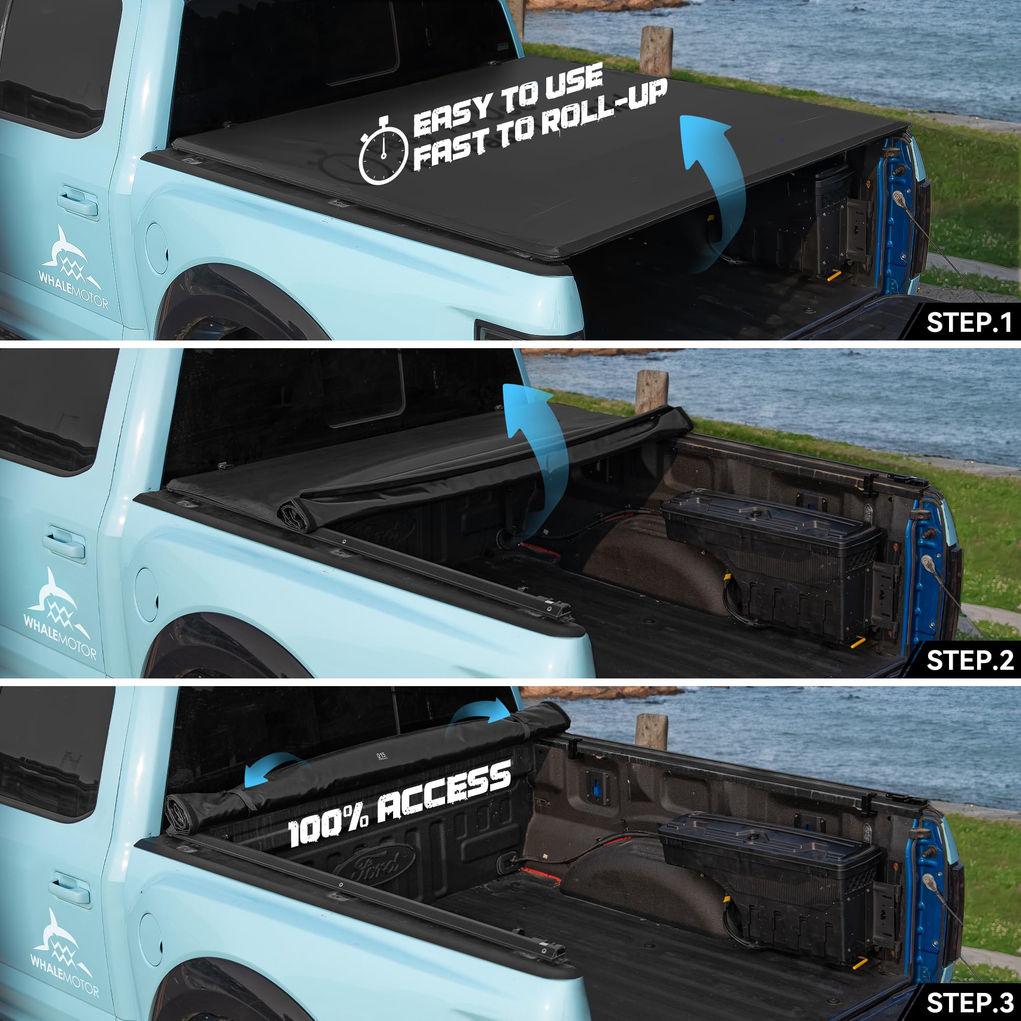 WHALEMOTOR installation clamps and side rails shown for quick setup.