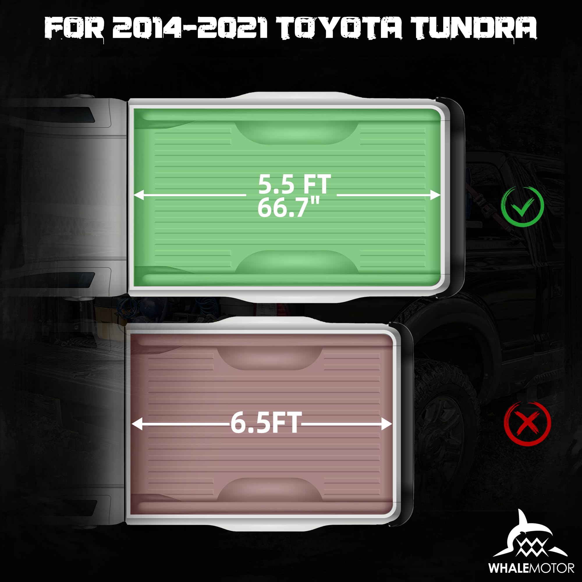 WHALEMOTOR side profile of the Toyota Tundra with the cover for a cleaner bed line.