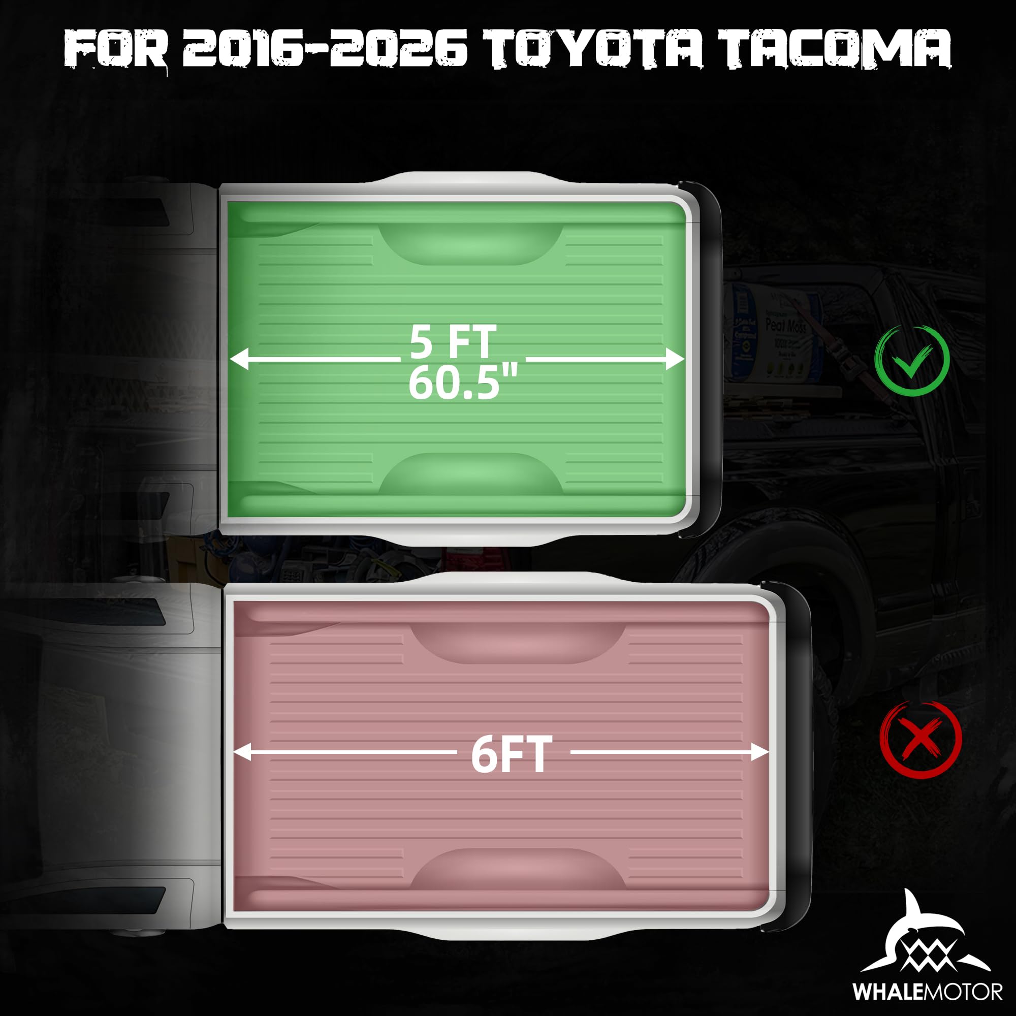 WhaleMotor tri-fold tonneau cover with deck rail on Toyota Tacoma for secure cargo.