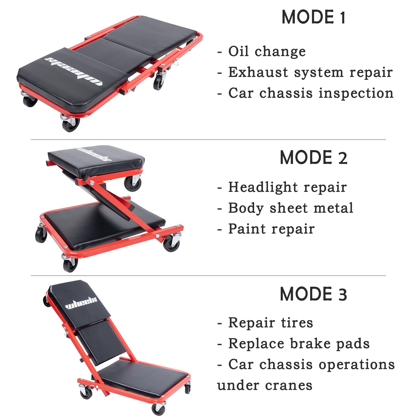 WheelX Mechanic Creeper 3-in-1 config adapts to creeper, seat, or recline