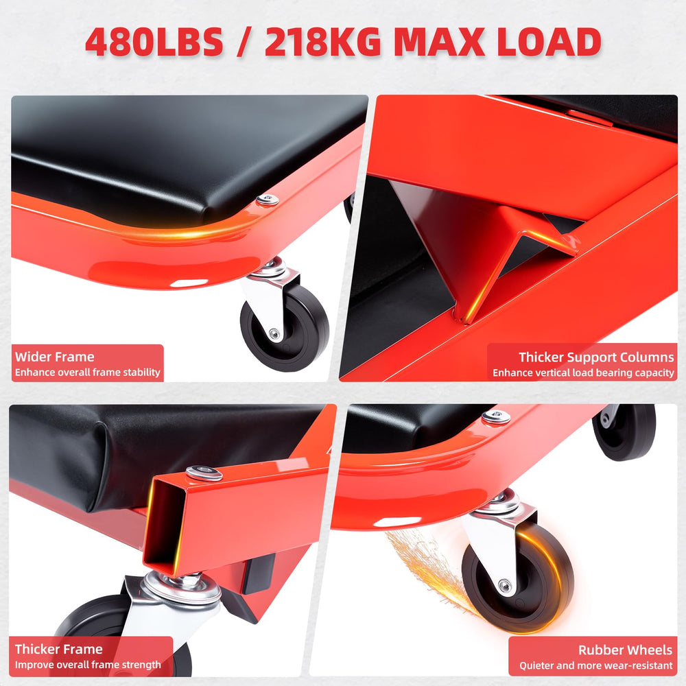 WheelX Mechanic Creeper TPR wheels resist wear for durability.