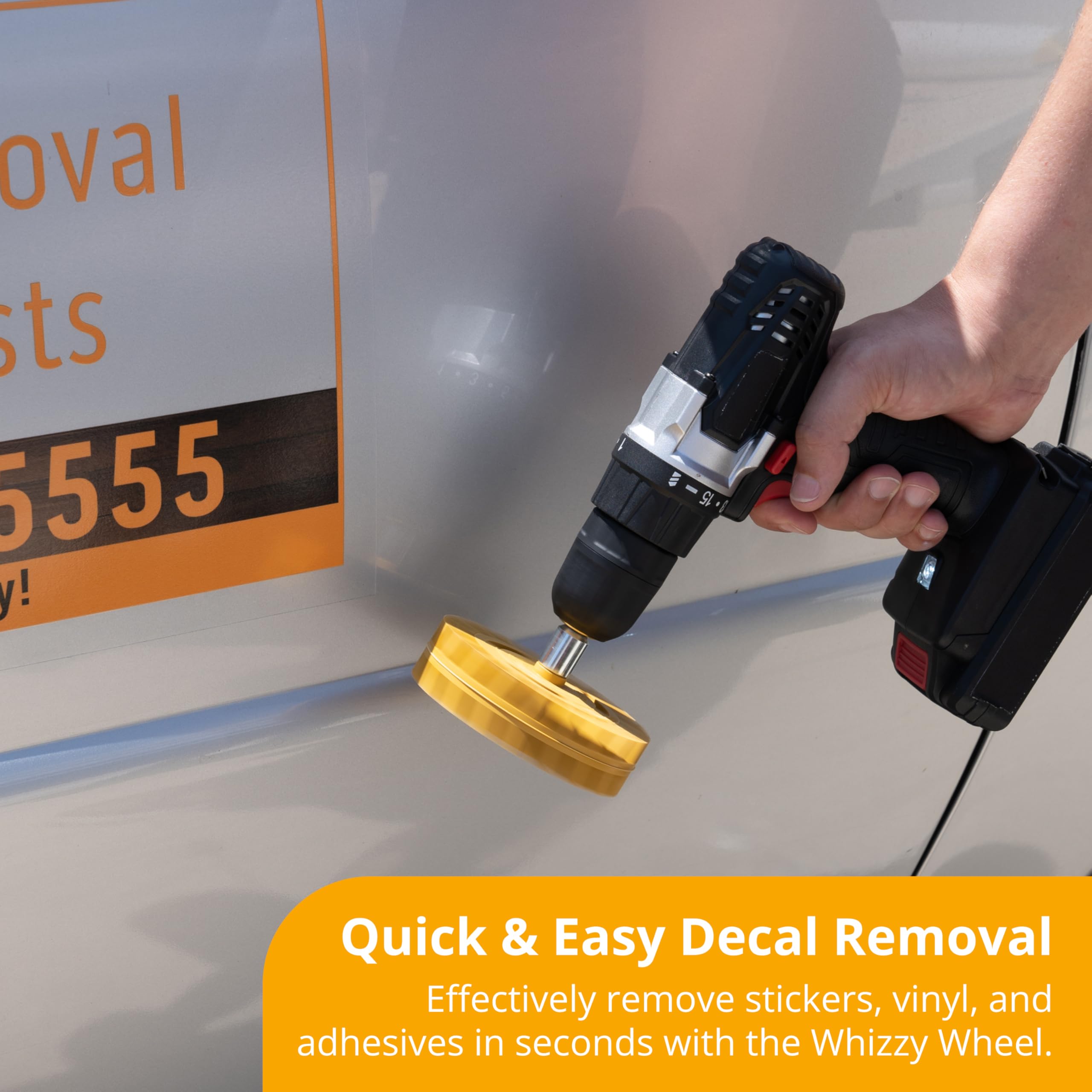 Whizzy Wheel adhesive removal on car shows paint-safe performance with no scratches.