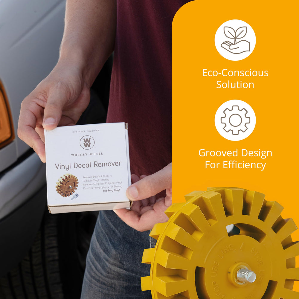 Whizzy Wheel paint-safe removal preserves vehicle finish during sticker cleanup.