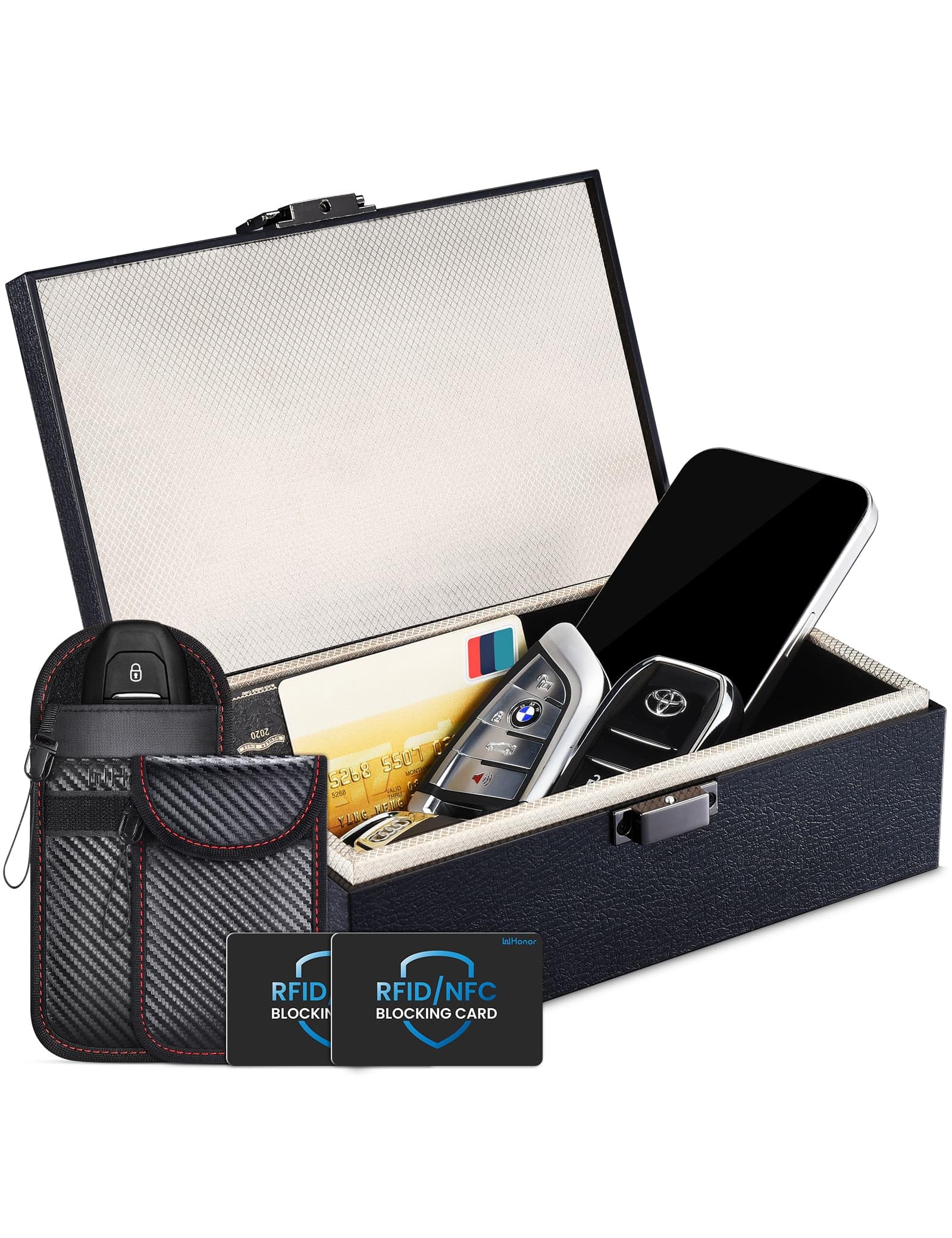 WHonor Faraday Box top view shielding key fob from remote access