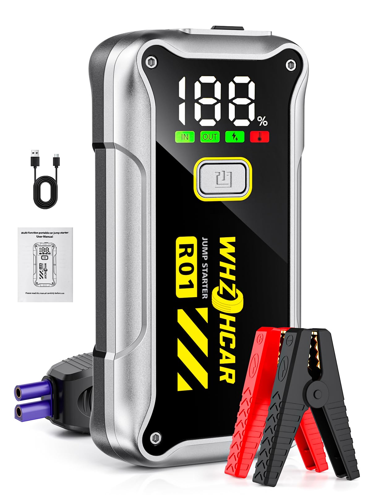 WHZOHCAR Jump Starter 4000A with LCD display powers vehicles quickly and clearly indicates status.