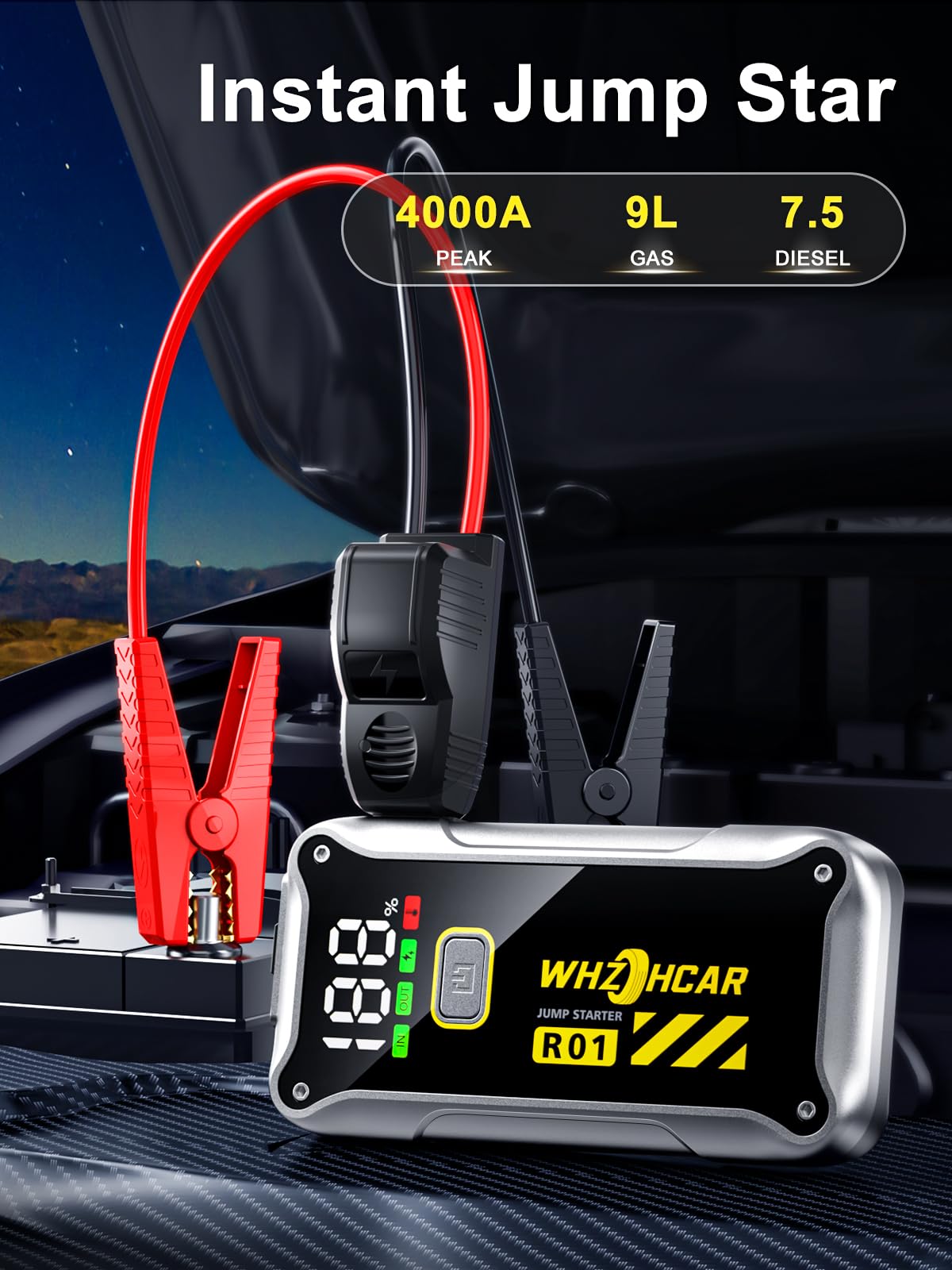 WHZOHCAR portable battery pack with USB charging supports devices during road trips.