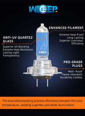 Wideep H7 bulbs installed in a vehicle headlight for improved night visibility.