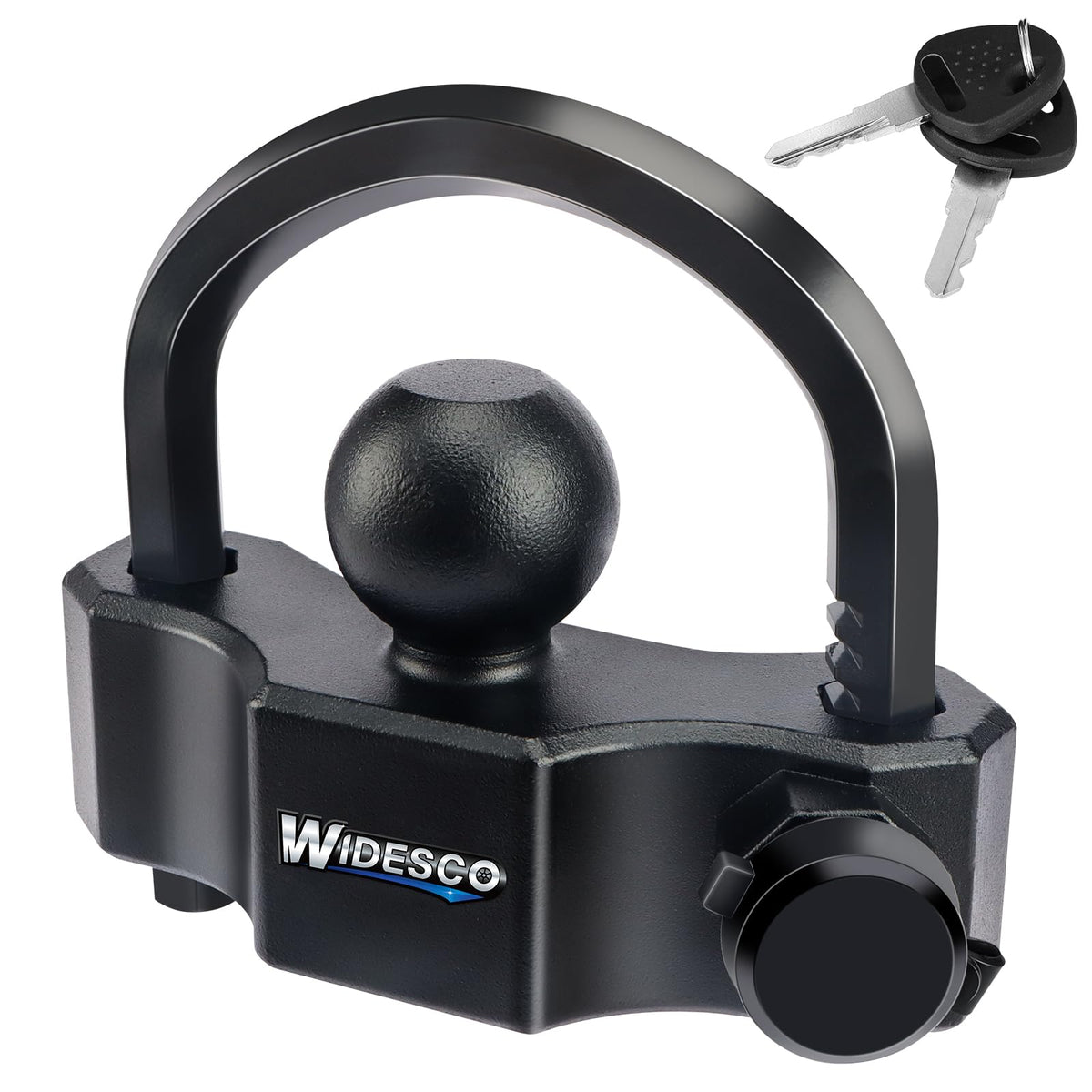 Widesco universal trailer coupler lock for 1-7/8, 2, 2-5/16 inch couplers.