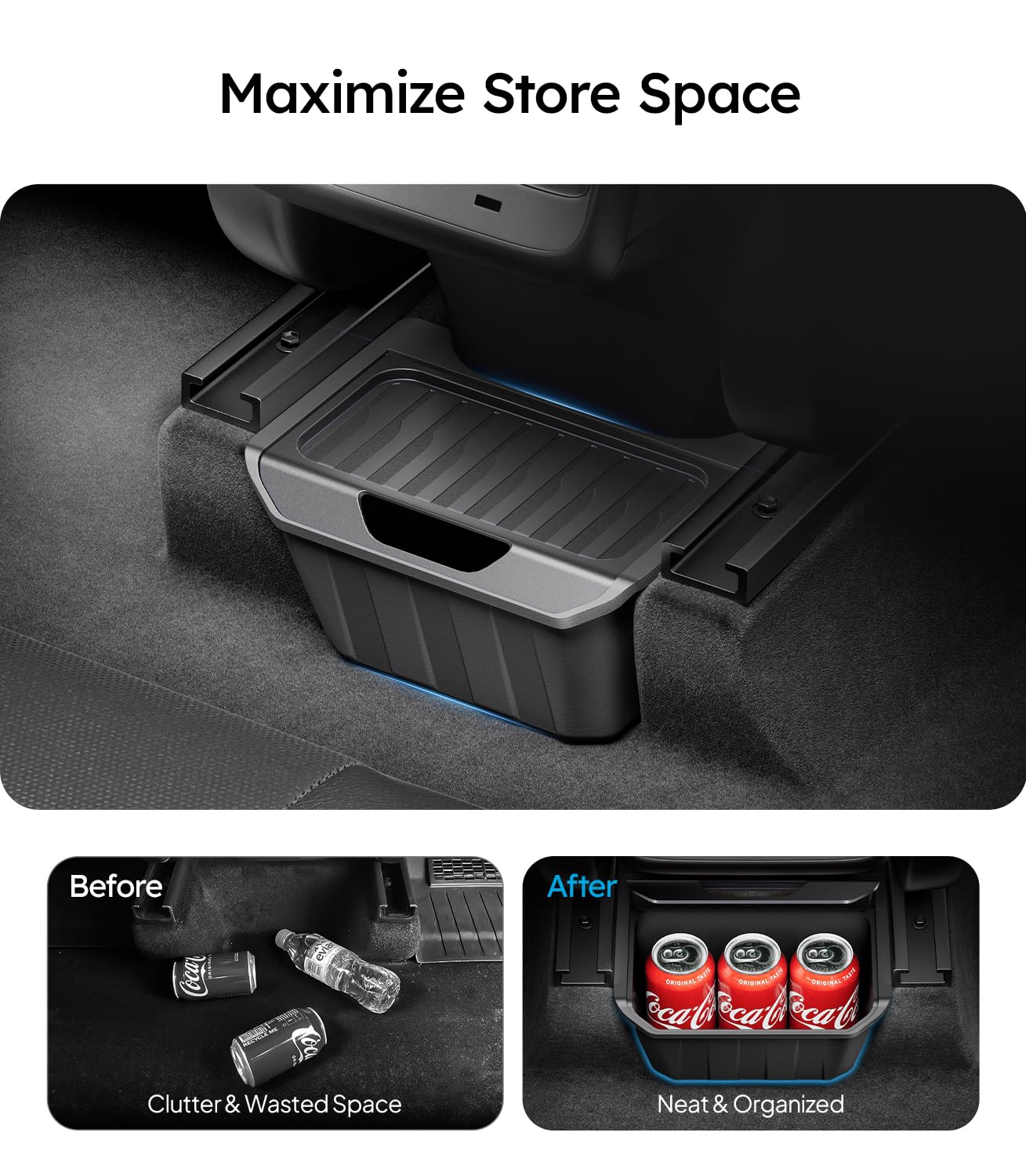 Wigoo partitioned backseat storage in Model Y to keep essentials organized on trips.