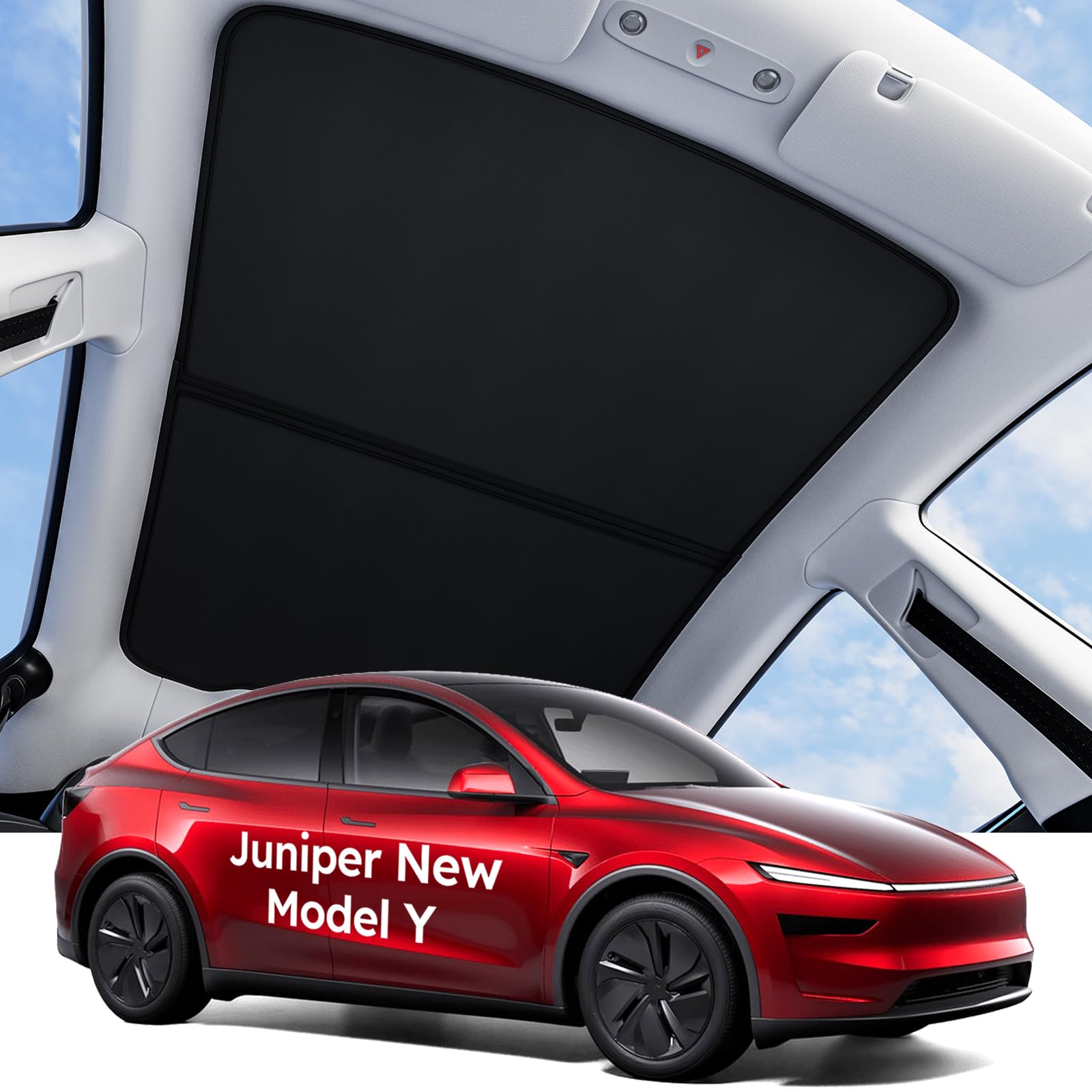 Wigoo Tesla Juniper sunshade front roof close-up highlights precise fit and heat protection.