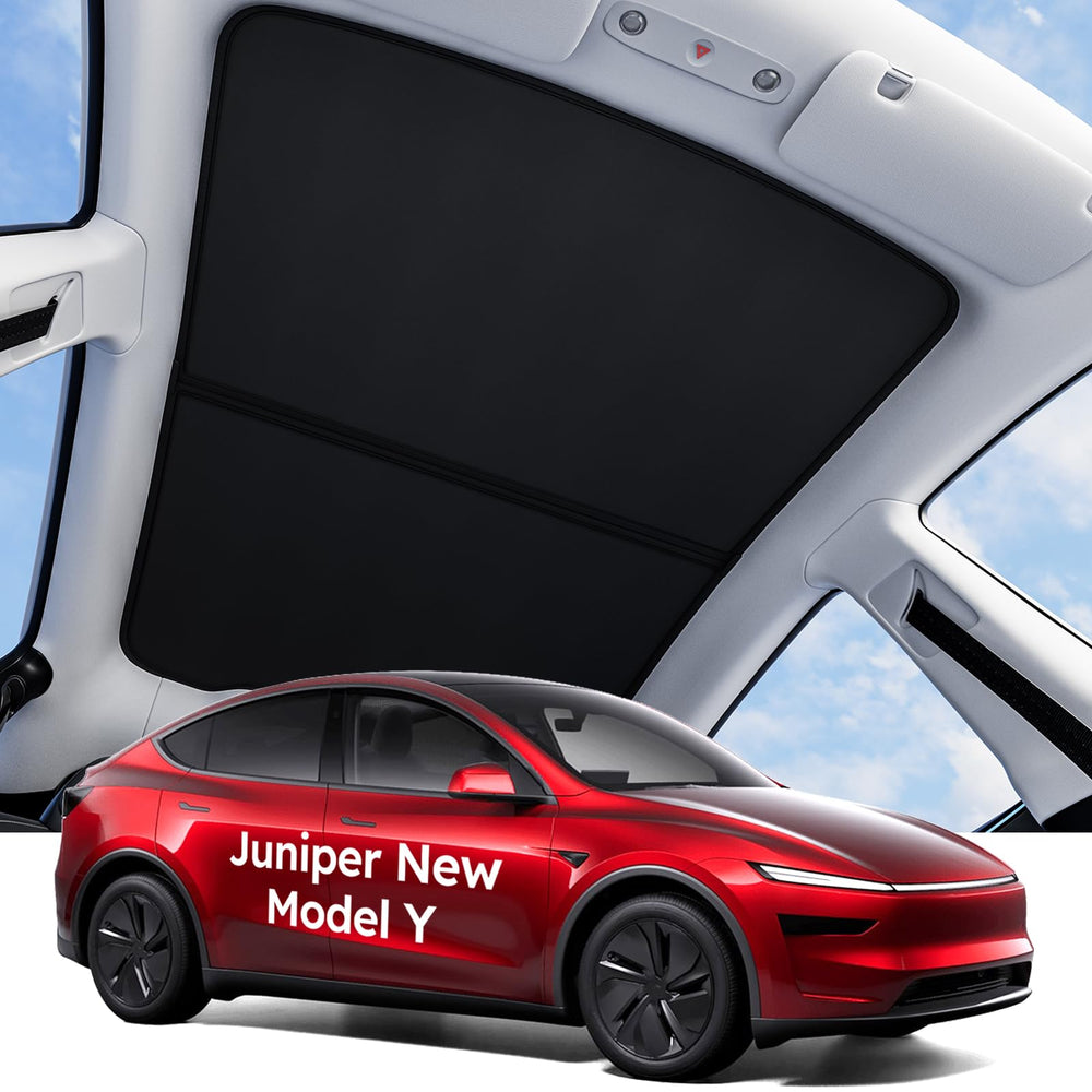 Wigoo Tesla Juniper sunshade front roof close-up highlights precise fit and heat protection.
