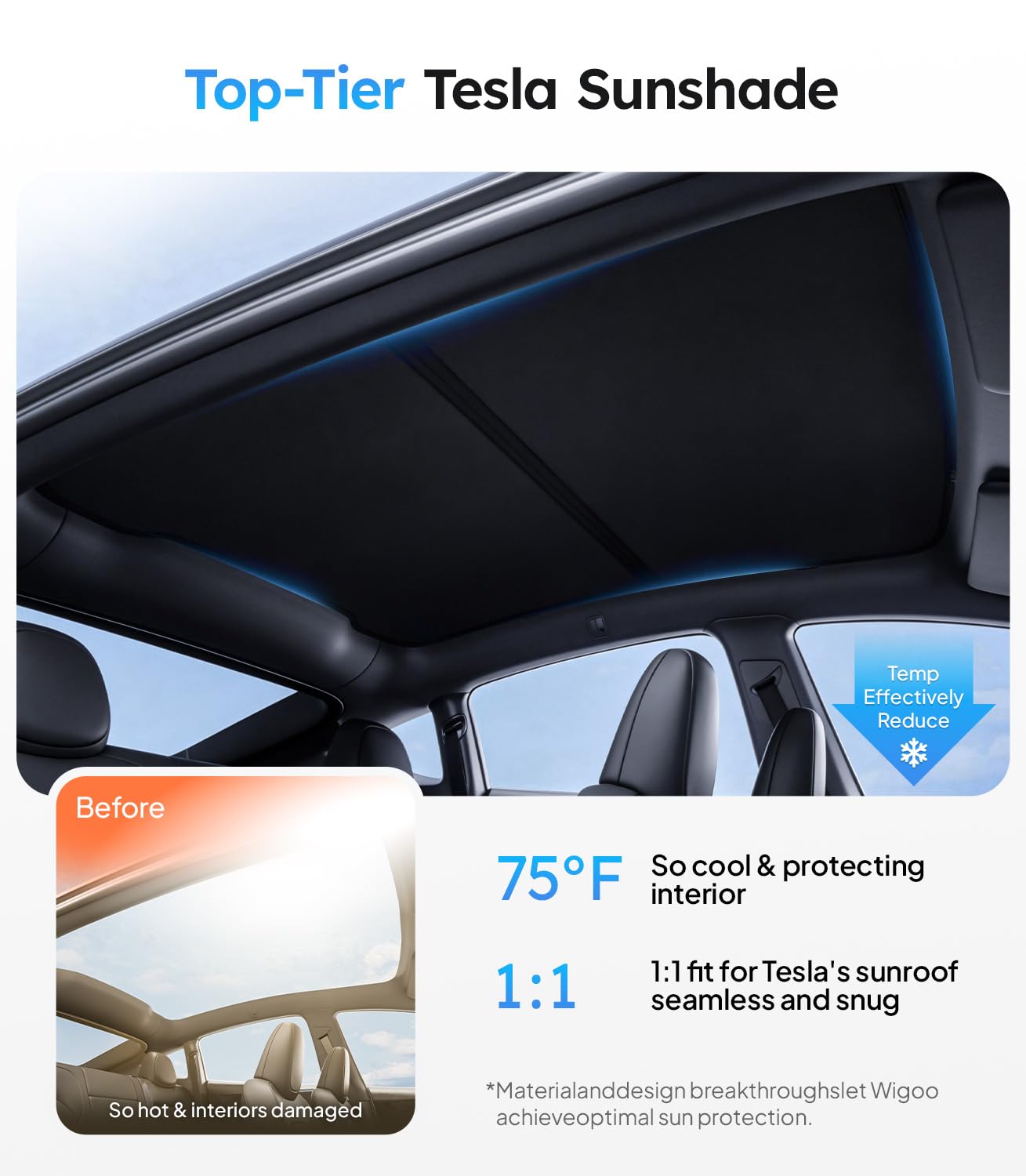 Wigoo Tesla Juniper sunshade rear roof demonstrates full interior coverage.